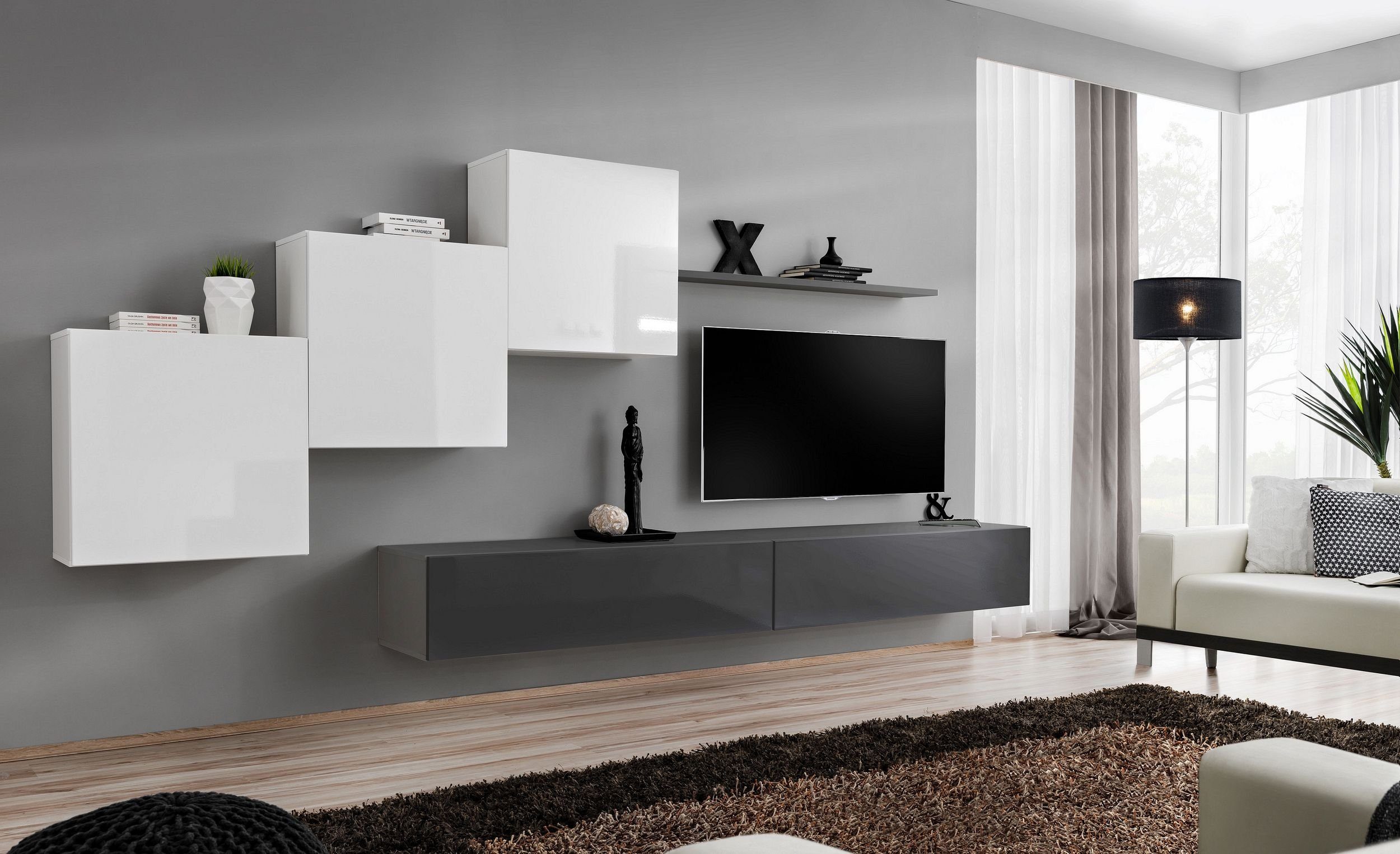 Stylefy Wohnwand Swotch X 160x330x40 cm, (Wohnmöbel, Wohnzimmer-Set, Set (6-St), bestehend aus 3xHängeschrank, 2xLowboard, 1xWandboard, Hochglanzfronten, mit Push-to-Open, Modern Weiß - Graphit
