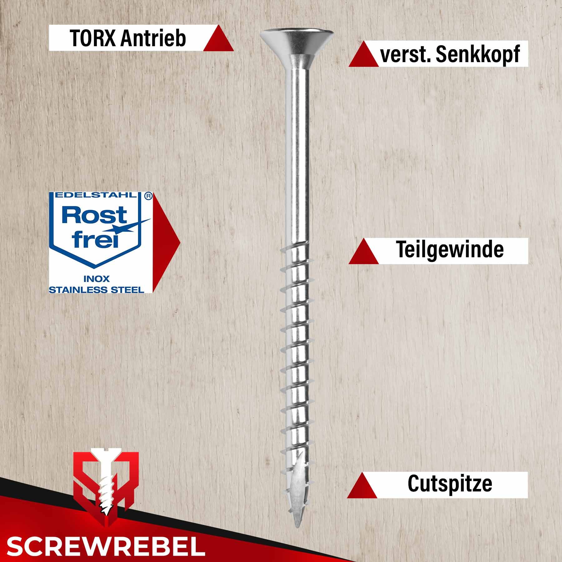 SCREWREBEL Holzbauschraube Spanplattenschraube Edelstahl A2 mit Cutspitze, TX Antrieb, (100 St), Holzbauschraube wird als Universalschraube im Außenbereich eingesetzt