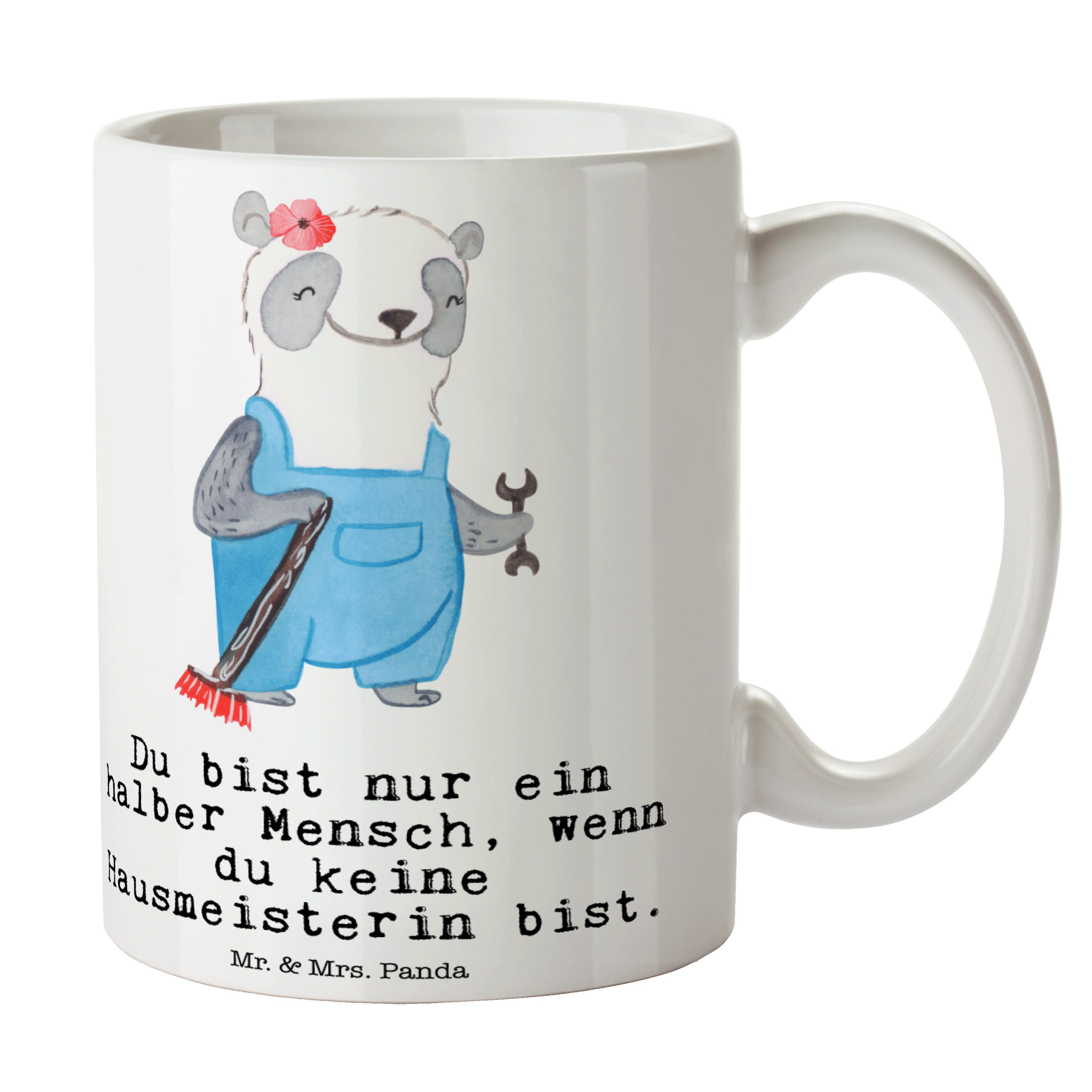 Mr. & Mrs. Panda Tasse Hausmeisterin mit Herz - Weiß - Geschenk, Geschenk Tasse, Teebecher, Keramik