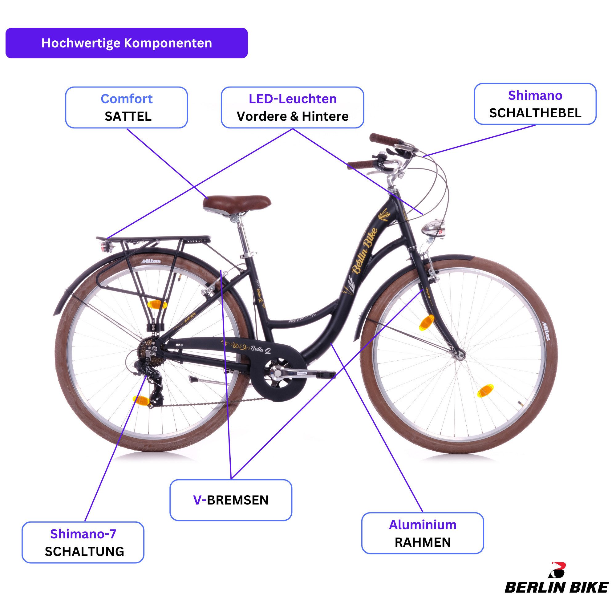 BERLIN BIKE Cityrad Bella 2 Damen Hollandrad 28 Zoll – Alurahmen & Shimano 7‑Gang, Shimano RD-TY300 Schaltwerk, Kettenschaltung, (Set, Shimano 7-Gang-Schaltung), mit 28" x 2,00" luftreifen – perfekt für stadt & alltag
