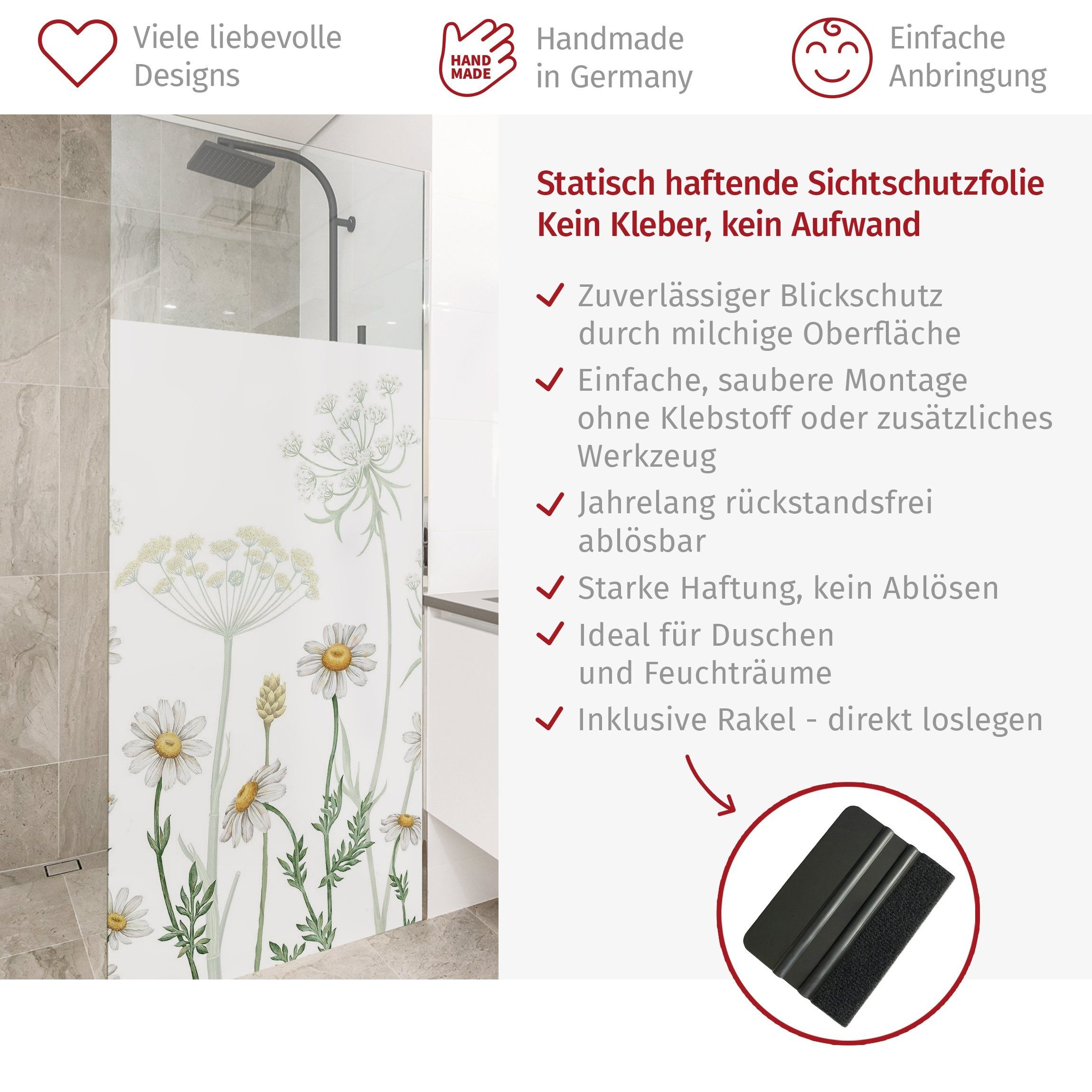 Bilderdepot24 Fensterfolie Dusche blickdicht statisch haftend Blumen- und Blütenmotiv Schafgarbe, blickdicht, Statisch haftend, blickdicht, wasserfest, wiederverwendbar, ablösbar