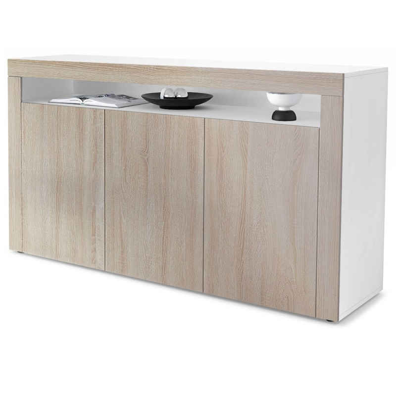 Vladon Sideboard Valencia (Sideboard, mit 3 Türen und 1 offenem Fach), Weiß matt/Eiche sägerau/Eiche sägerau (155 x 92 x 40 cm)