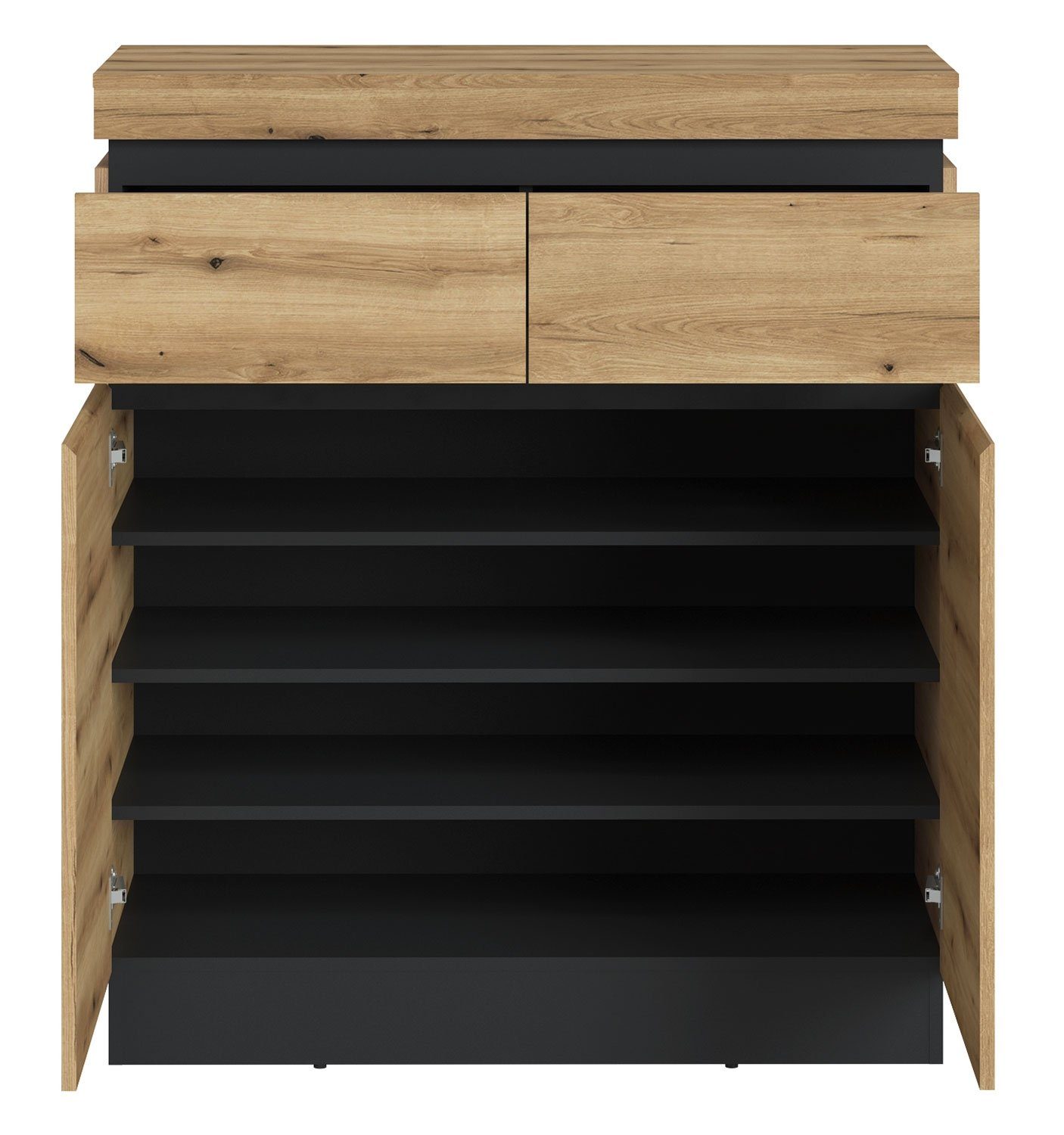 !Solid Schuhschrank CORTE, B 100 cm x H 116 cm, Coast Evoke Eiche Dekor, Grau, 2 Türen, 2 Schubladen