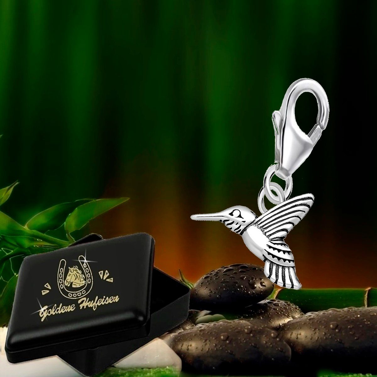 Goldene Hufeisen Charm-Einhänger Kolibri Vogel Charm Anhänger für Bettelarmband aus 925 Silber (1 Stück, inkl. Etui), 925 Sterling Silber mit Zirkonia Silberschmuck für Armband Damen