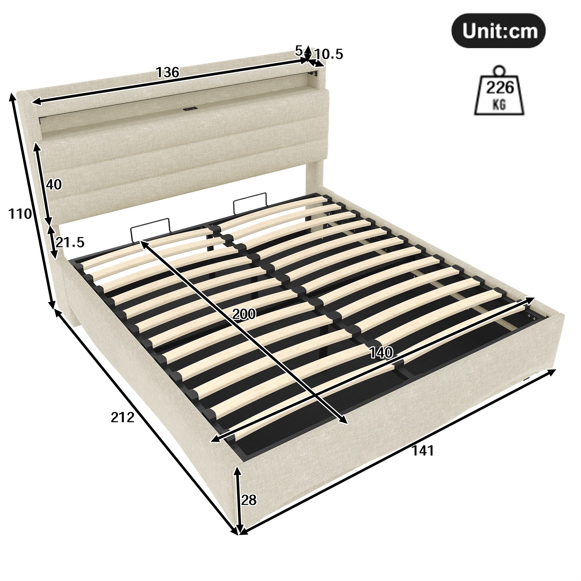TavilaEcon Boxspringbett Polsterbett mit LED-Beleuchtung und Hydraulikmechanismus (1-St), 140x200cm, mit Ablagefach, USB-/Typ-C-Anschluss, Beige – Bild 4 von 5