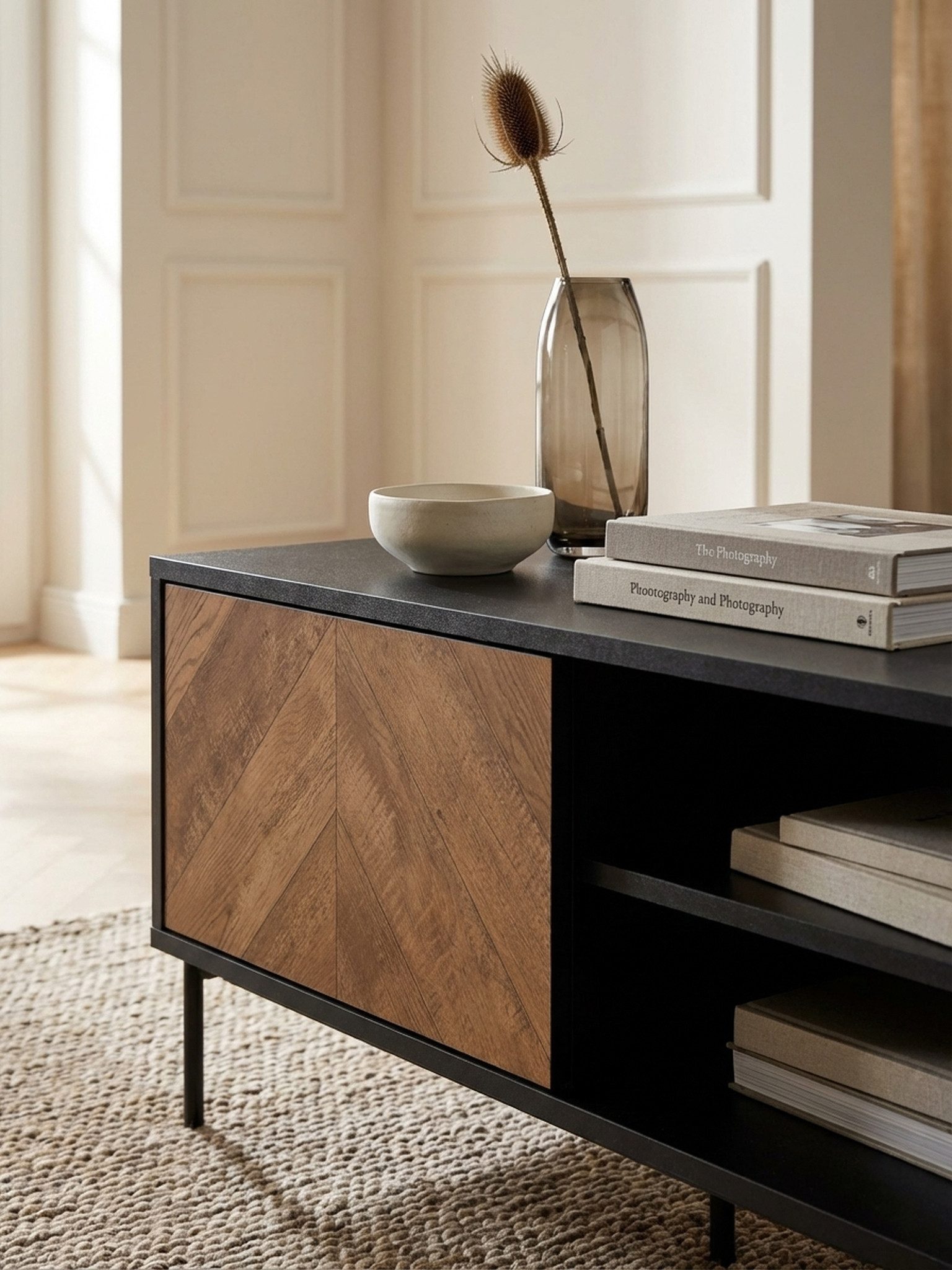 KADIMA DESIGN Lowboard Lowboard Holz Schwarz / Eiche-Dekor 163x45x40 cm TV-Kommode mit zwei (Fernsehkommode Wohnzimmer), Türen, Design TV-Schrank Hoch, Fernsehtisch Fernsehschrank Modern