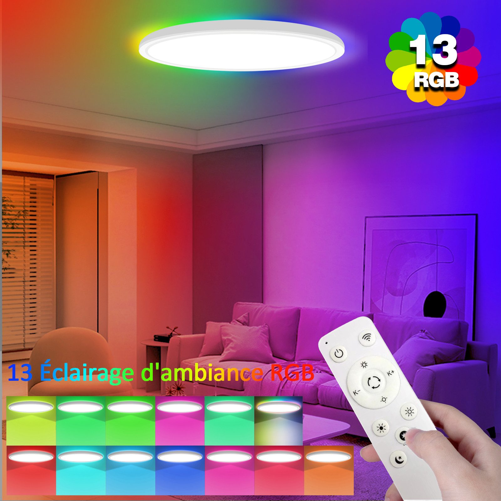 POPOLIC LED Deckenleuchte 24W RGB Farbwechsel Deckenbeleuchtung 3000K-6500K,dimmbar, 3200 lm, Badezimmer-Deckenleuchte mit Fernbedienung,Runde