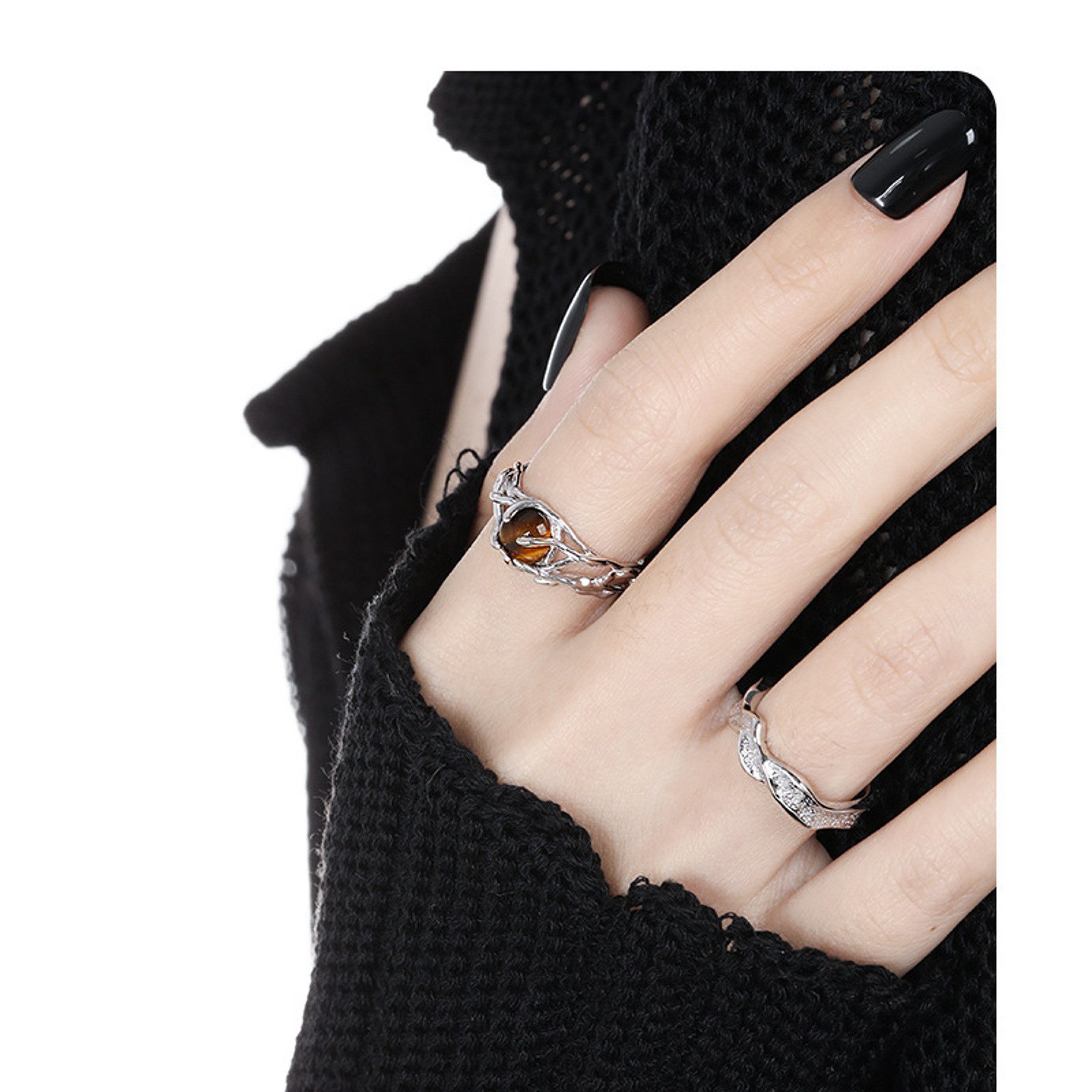 KARMA Fingerring Damenring Tigerauge Ring Silber925 Sterlingsilber (Geschenk Frauen, Damenschmuck Damen), Weiß oder Braun verstellbar modern