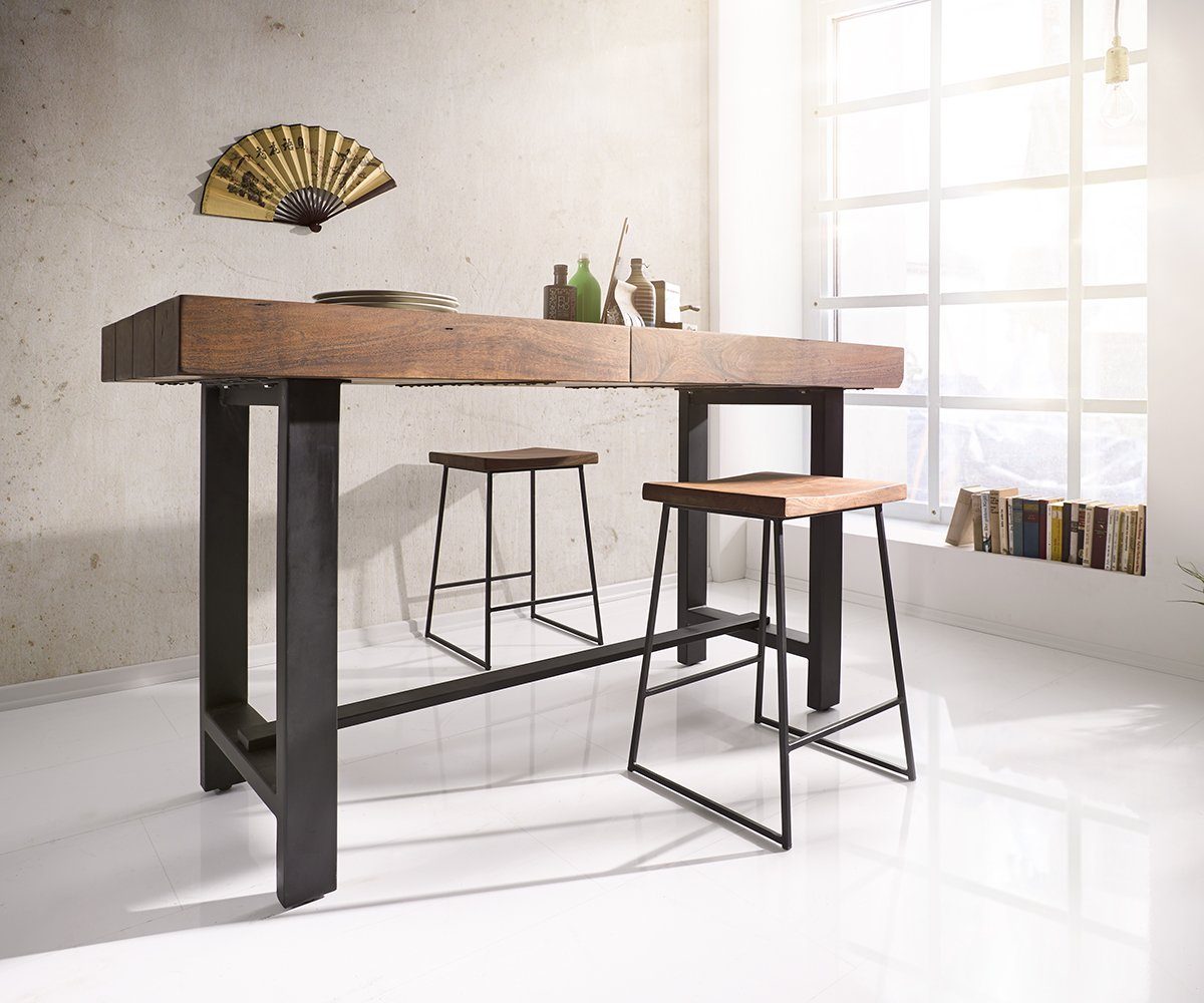 DELIFE Bartisch Blokk, Akazie Braun 165x60 cm mit Metallbeine Bartisch