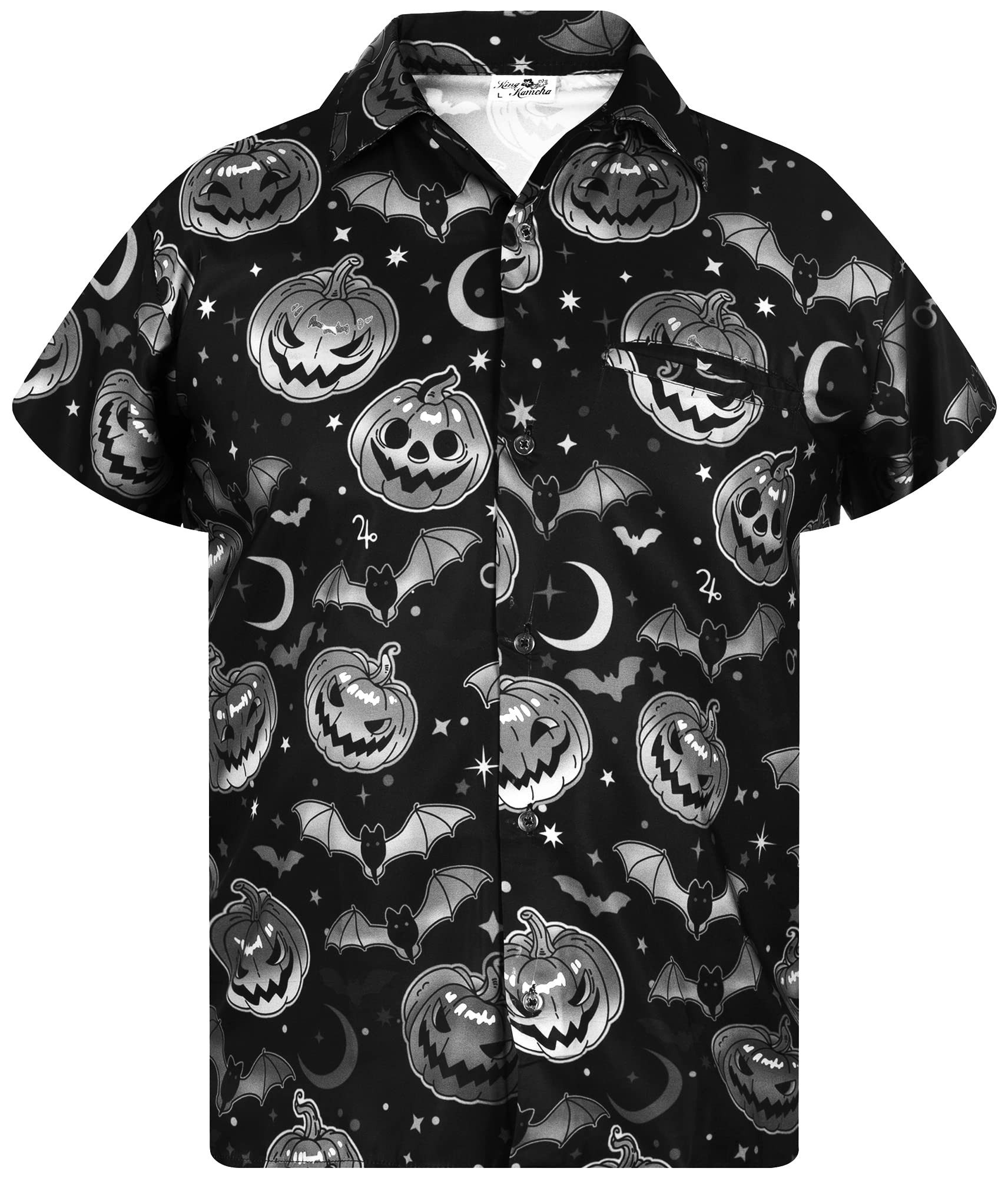 King Kameha Hawaiihemd Halloween Pumpkin Bat Funky Hawaii-Hemd Kurzarm Front-Tasche Unisex