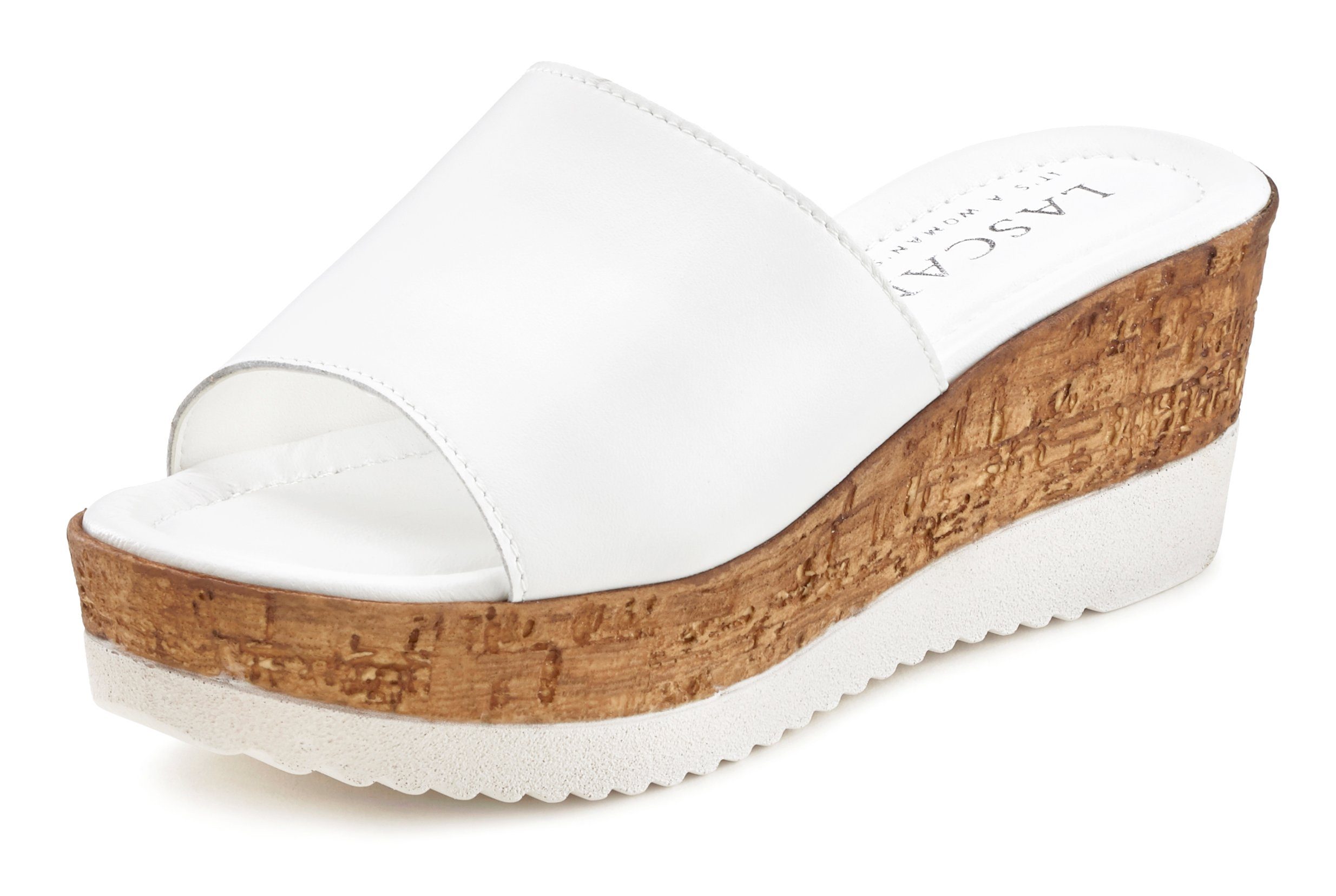 LASCANA Sommerschuh, Pantolette Mule, Sandale, offener Schuh aus Leder mit Keilabsatz