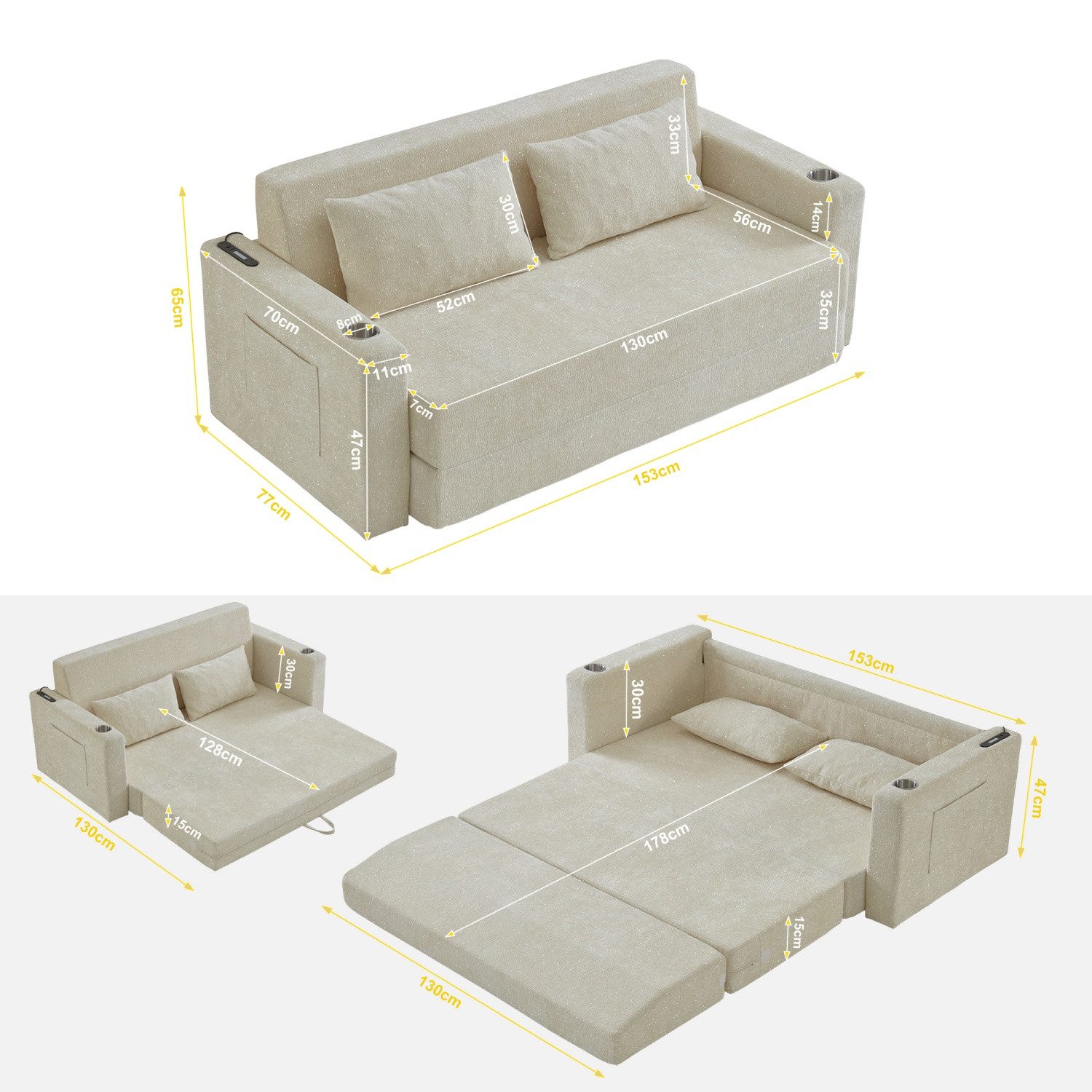 ANYSUN Loungesofa Faltbares Schlafsofa, 2-Sitzer-Couch,das 2-in-1 Klappsofa, Bodenständiges Sofa-Bett,nklusive 2 Kissen, mit USB-Ladefunktion, 2-Sitzer-Sofa,Bodensofa Bett für Wohnzimmer,Wohnung,kleine Räume