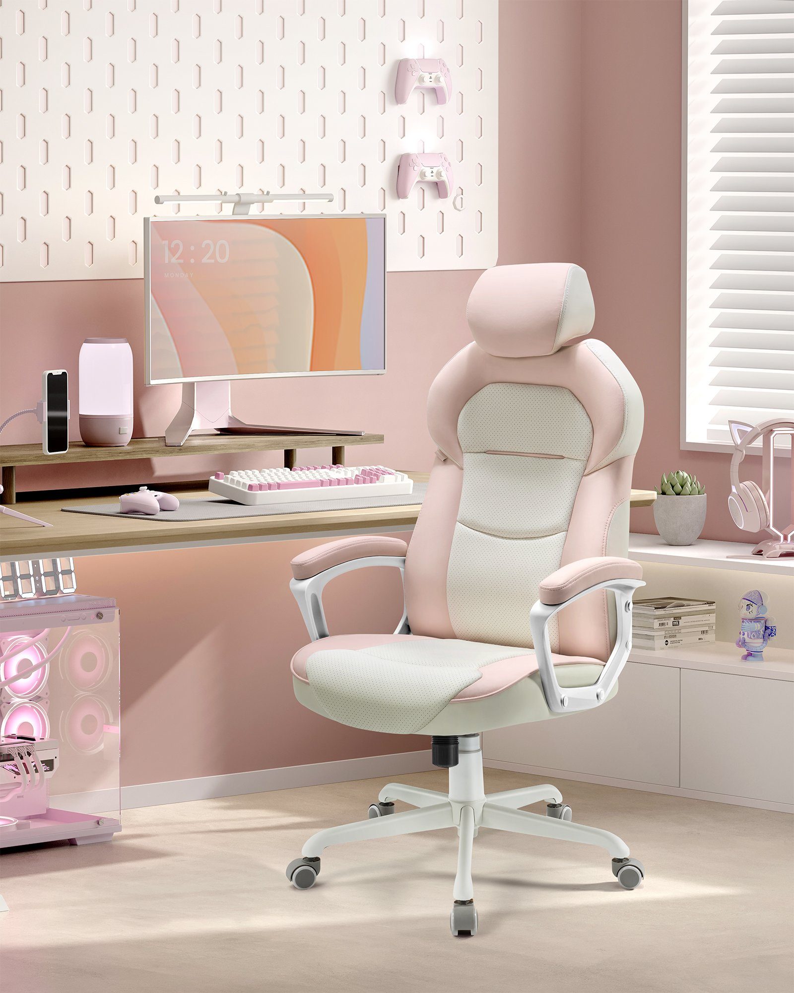 PU, Bürostuhl, Kopfstütze verstellbare Schreibtischstuhl, SONGMICS Wippfunktion, rosa