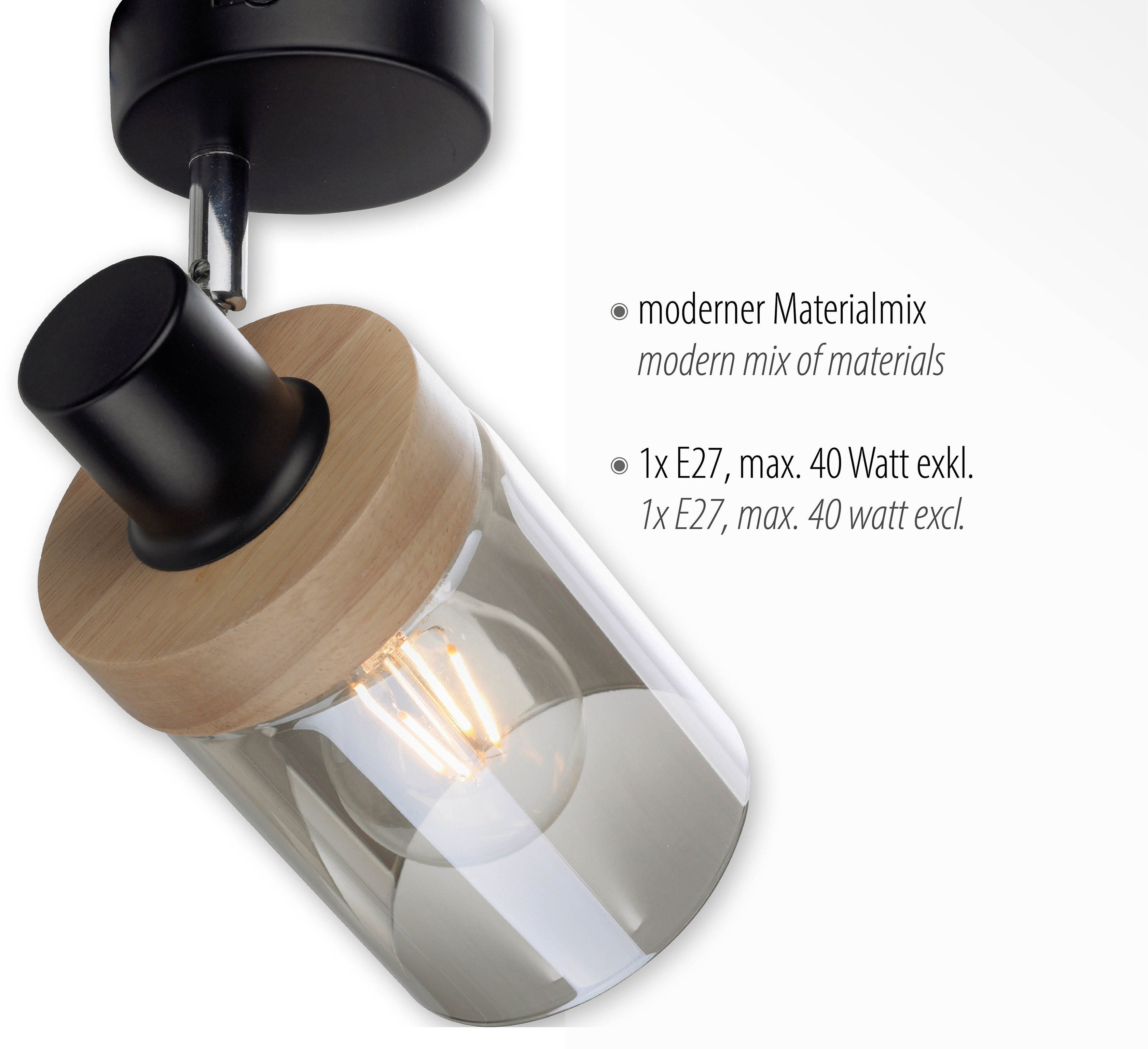 Leuchtmittel für geeignet E27 Tendon, ohne Home Holz, affaire Leuchtmittel, Rauchglas, Glas, - Wandleuchte Wandlampe,