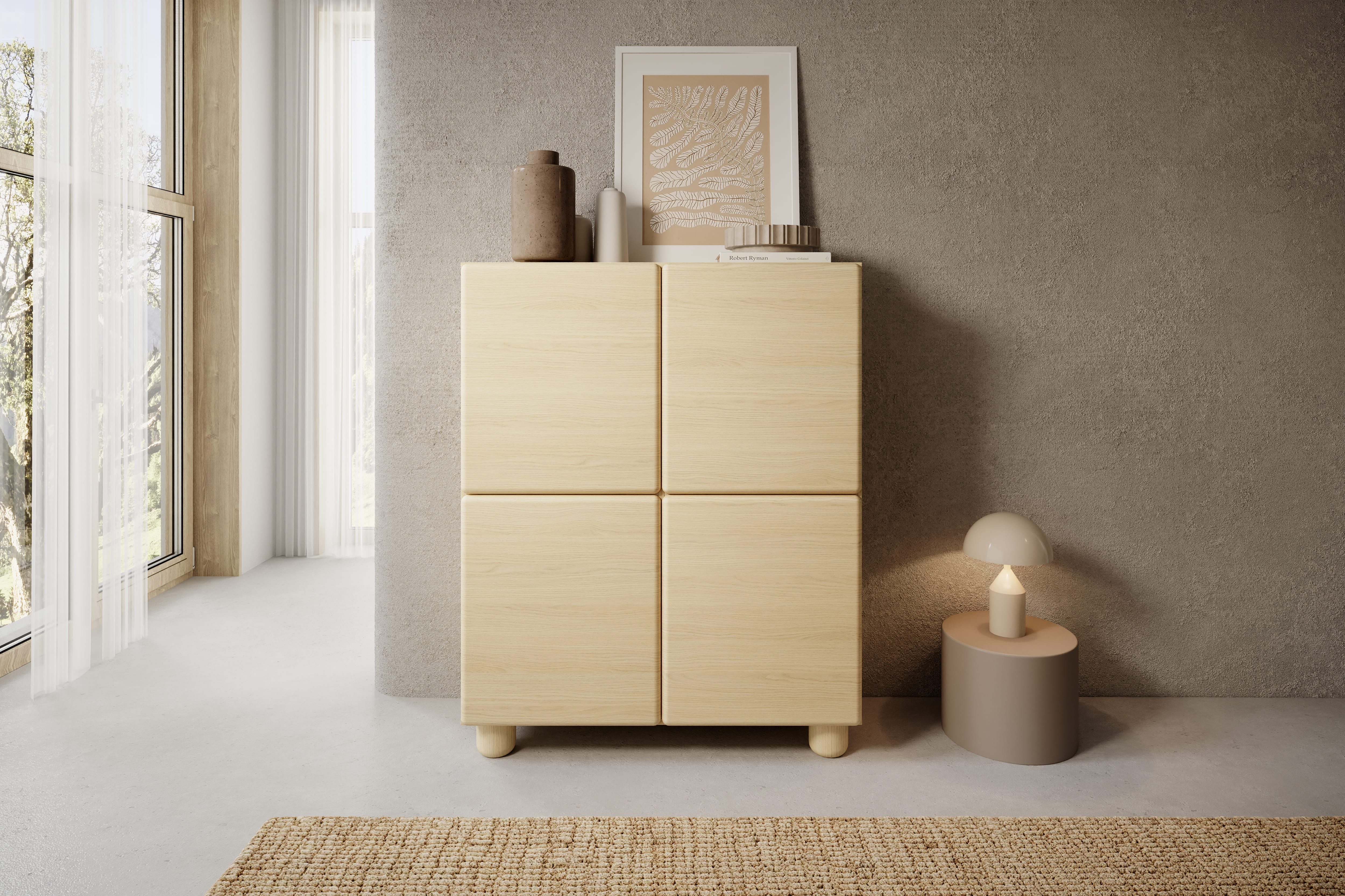 MOEBLO Kommode ELDORA A 200 4D (Highboard, 4-türige Kommode im Japandi-Stil, 100 cm breit, Push-to-open, moderner Stauraumschrank, Vicenza-Eiche), (BxHxT): 100 x 125 x 38 cm