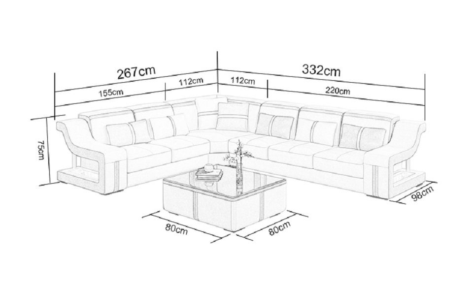 Sitzgarnitur Couch Ecksofa Große Polster Beleuchtung L-Form Ecksofa LED mit Sofa JVmoebel Sofas, L-form Couch Wohnlandschaft