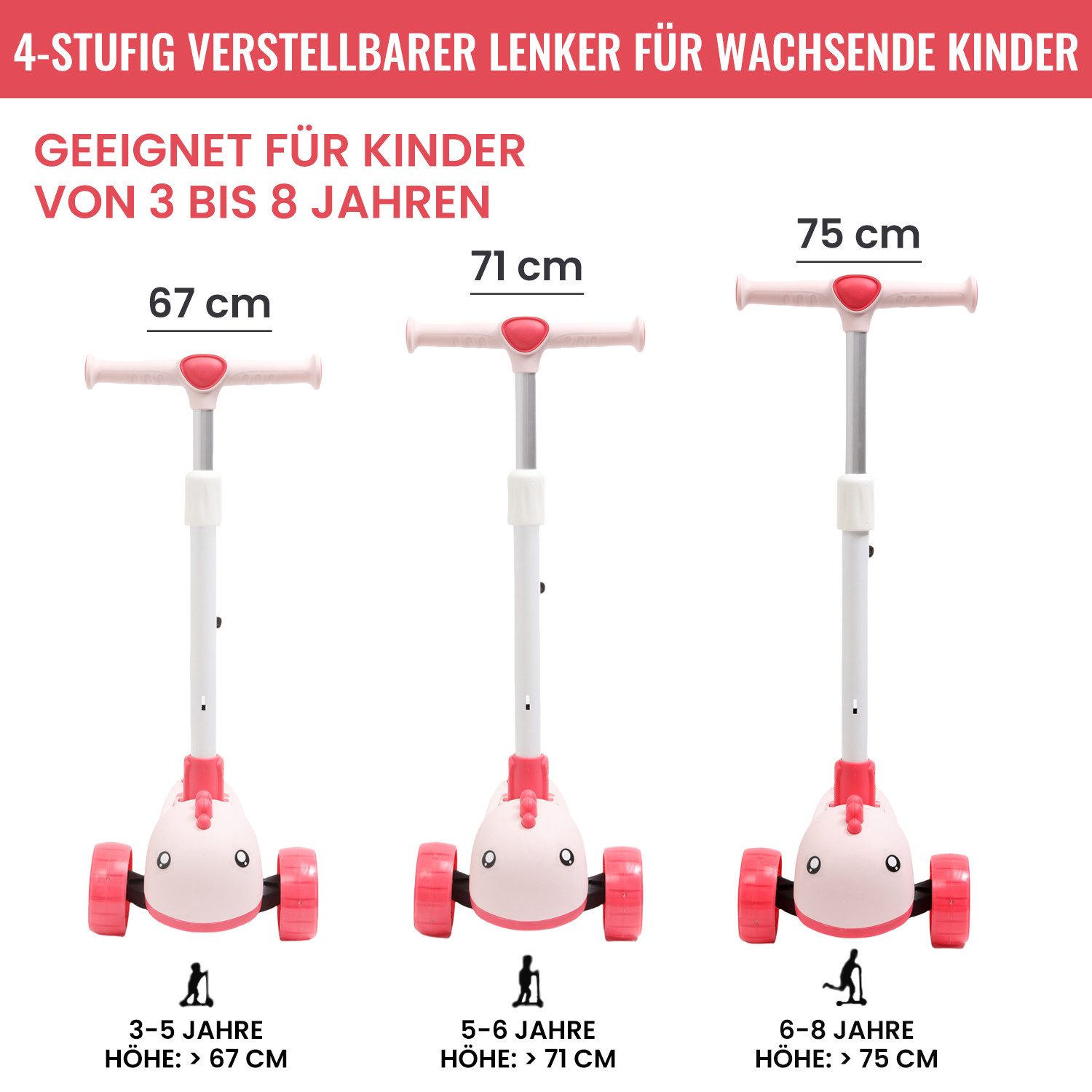 Habib Gruppe Dreiradscooter Kinderroller mit Tier-Design 3 Räder LED klappbar 3-8 Jahre, Tier-Design mit LED-Rädern, 3 Stufen 67-75 cm, klappbar – Bild 4 von 5