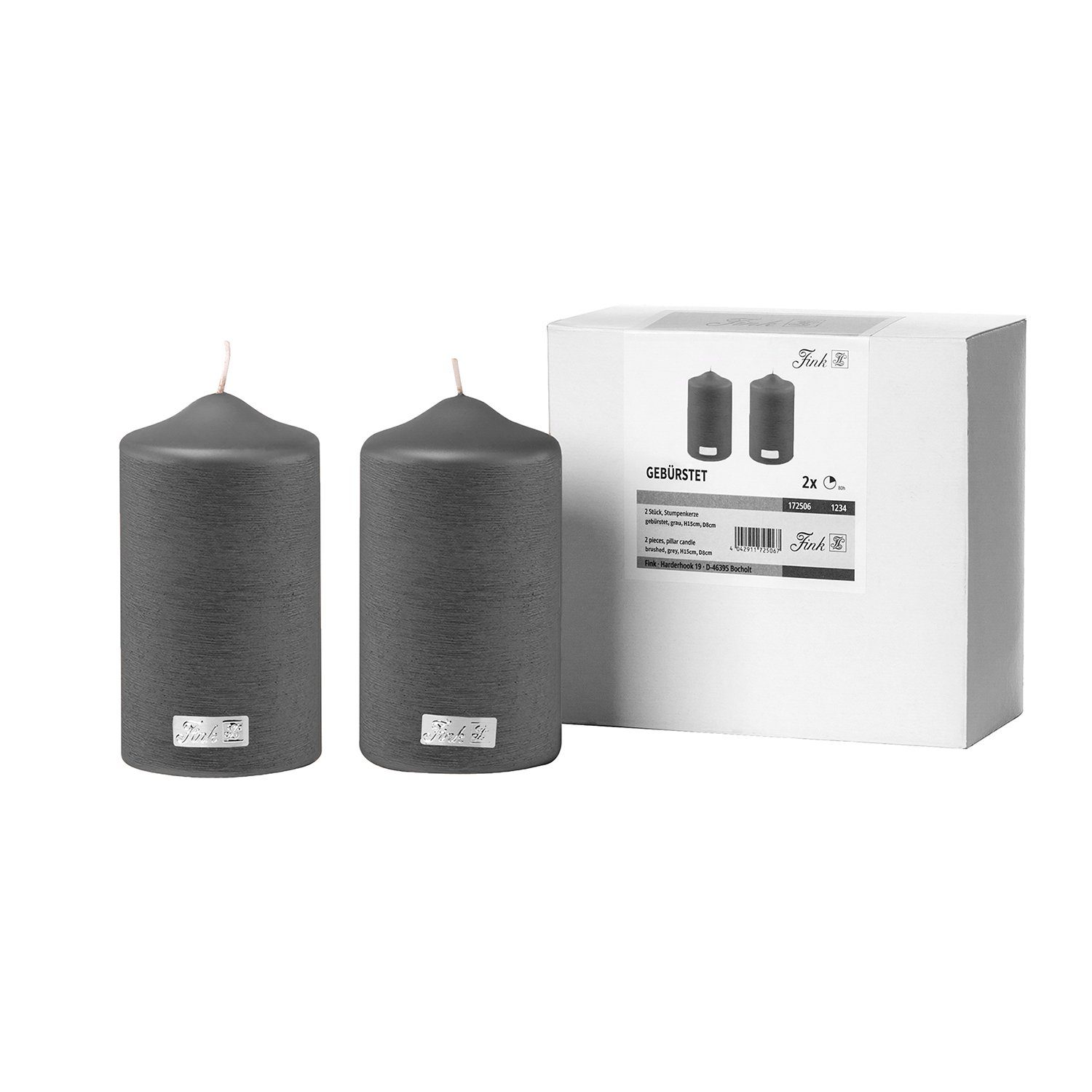 Fink Stumpenkerze CANDLE 2er Set Stumpenkerzen - grau - Paraffin - H. 15cm x B. 8cm (1-tlg., Dicke Kerzen - Großkerzen), Säulenkerzen Blockkerzen Zylinderkerzen - Elegante Standkerzen