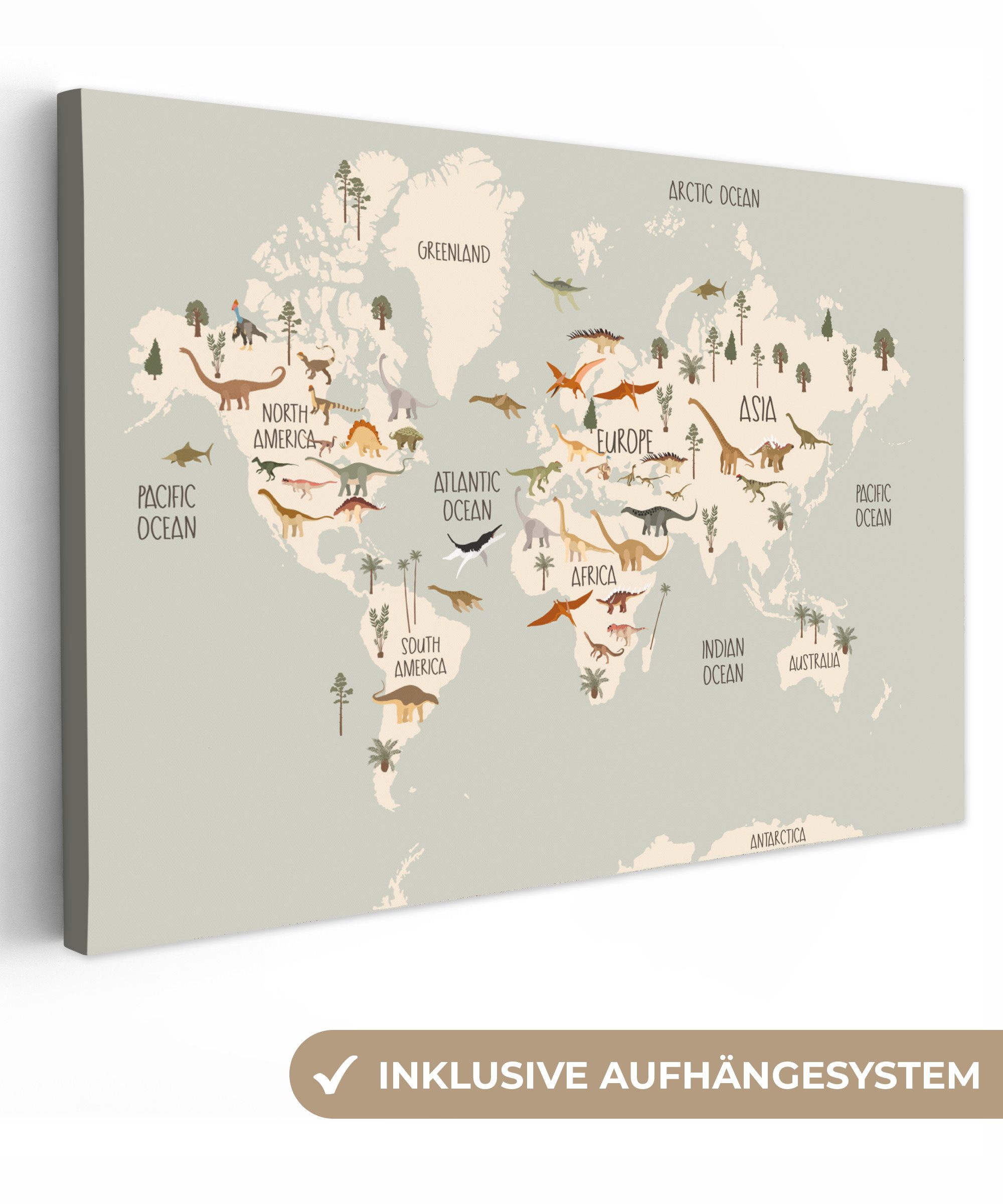 OneMillionCanvasses® Leinwandbild Weltkarte Kinder - Dino's - Kinder - Jungen - Mädchen - Kinder, Fotodruck (1 St), Leinwandbilder XXL Wohnzimmer, Deko Aesthetic 150x100 cm
