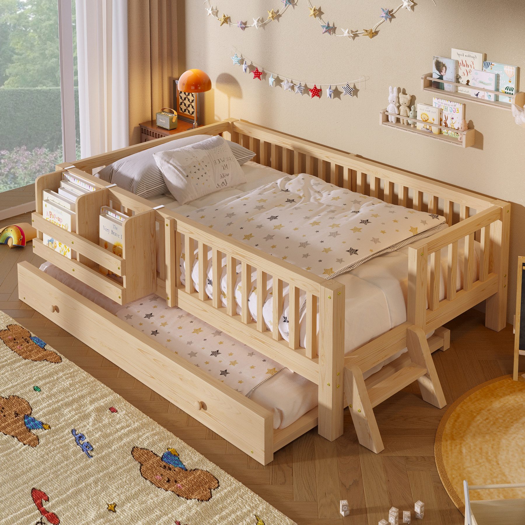 Merax Kinderbett mit Ausziehbett, Rausfallschutz, Ablage & Leiter (skandinavisches Bett mit Gästefunktion, 1-tlg), Plattformbett 90x200cm, …