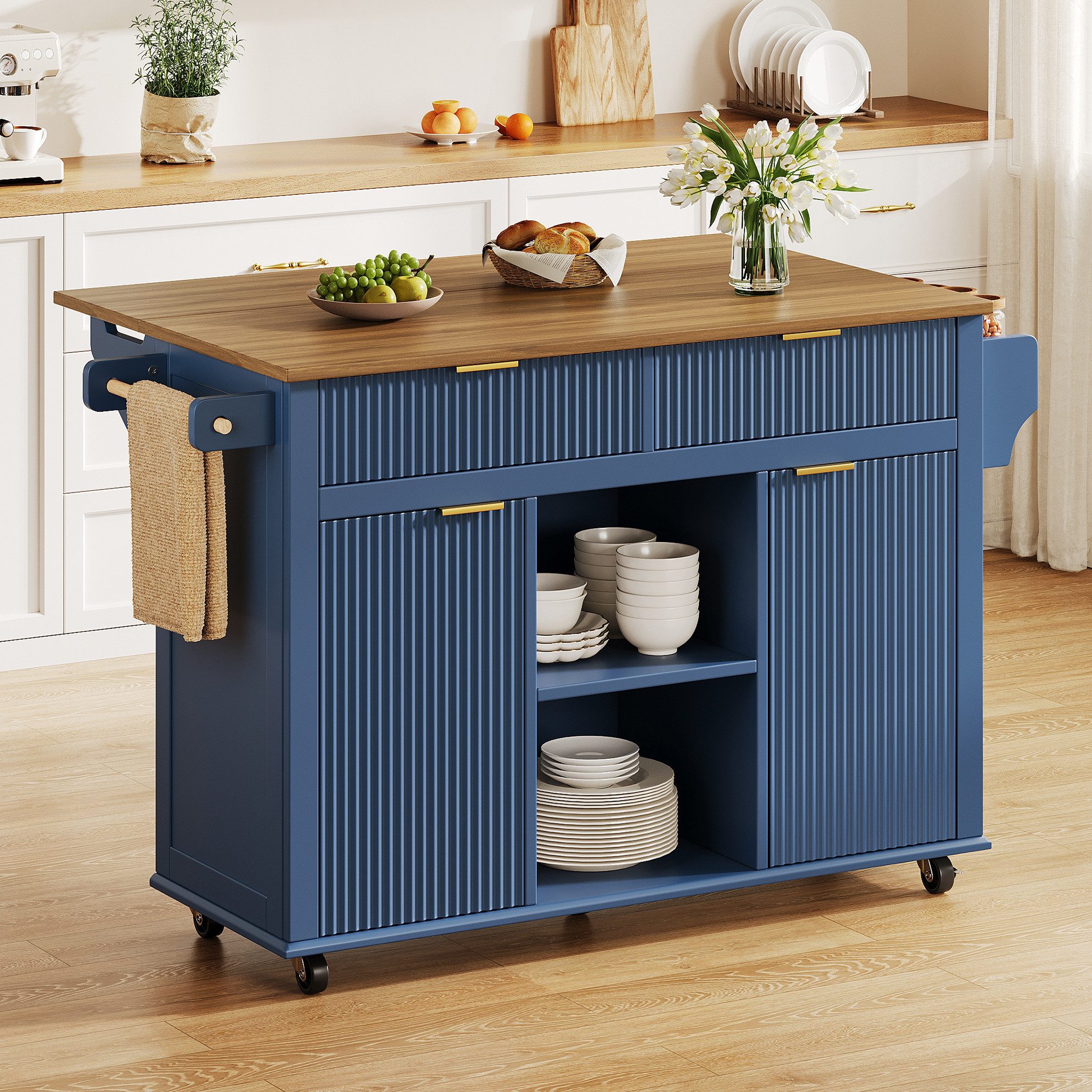 OKWISH Kücheninsel Rollbarer Küchenschrank mit 2 Schubladen und 2 Türen Stauraum, (Küchenmöbel mit Gewürzregalen und Handtuchhaltern Design), 120×45 cm Küchenwagen Cloisonné-Blau mit klappbarer Arbeitsplatte