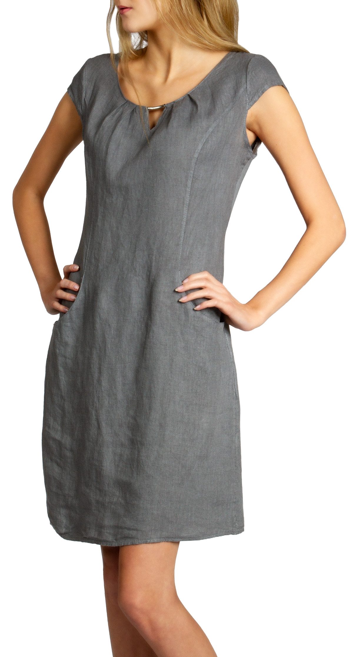 Sommerkleid SKL020 knielanges Damen Sommer Leinenkleid mit eleganter Metallspange