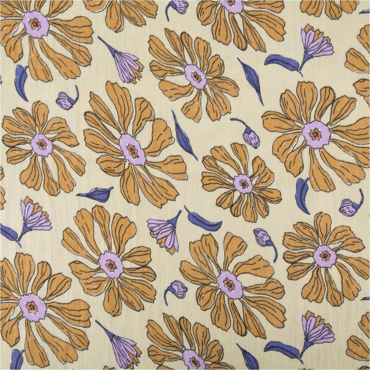 SCHÖNER LEBEN. Stoff Musselin Stoff Double Gauze Rani Blumen gelb lila 1,30m Breite, atmungsaktiv