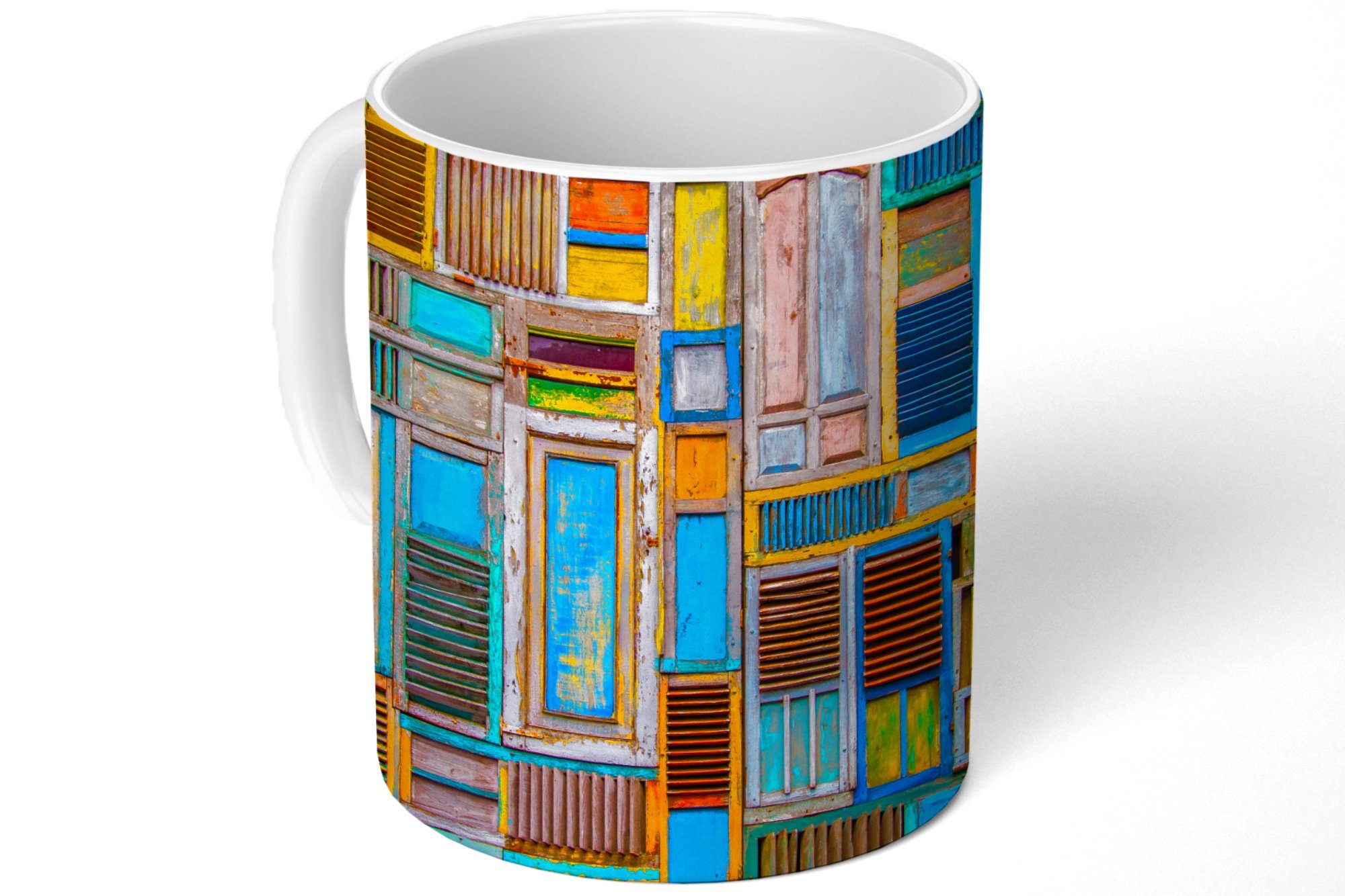 MuchoWow Tasse Blau Kaffeetassen, - - Teetasse, Teetasse, Abstrakt Becher, Keramik, Geschenk - Neon, Türen Architektur 