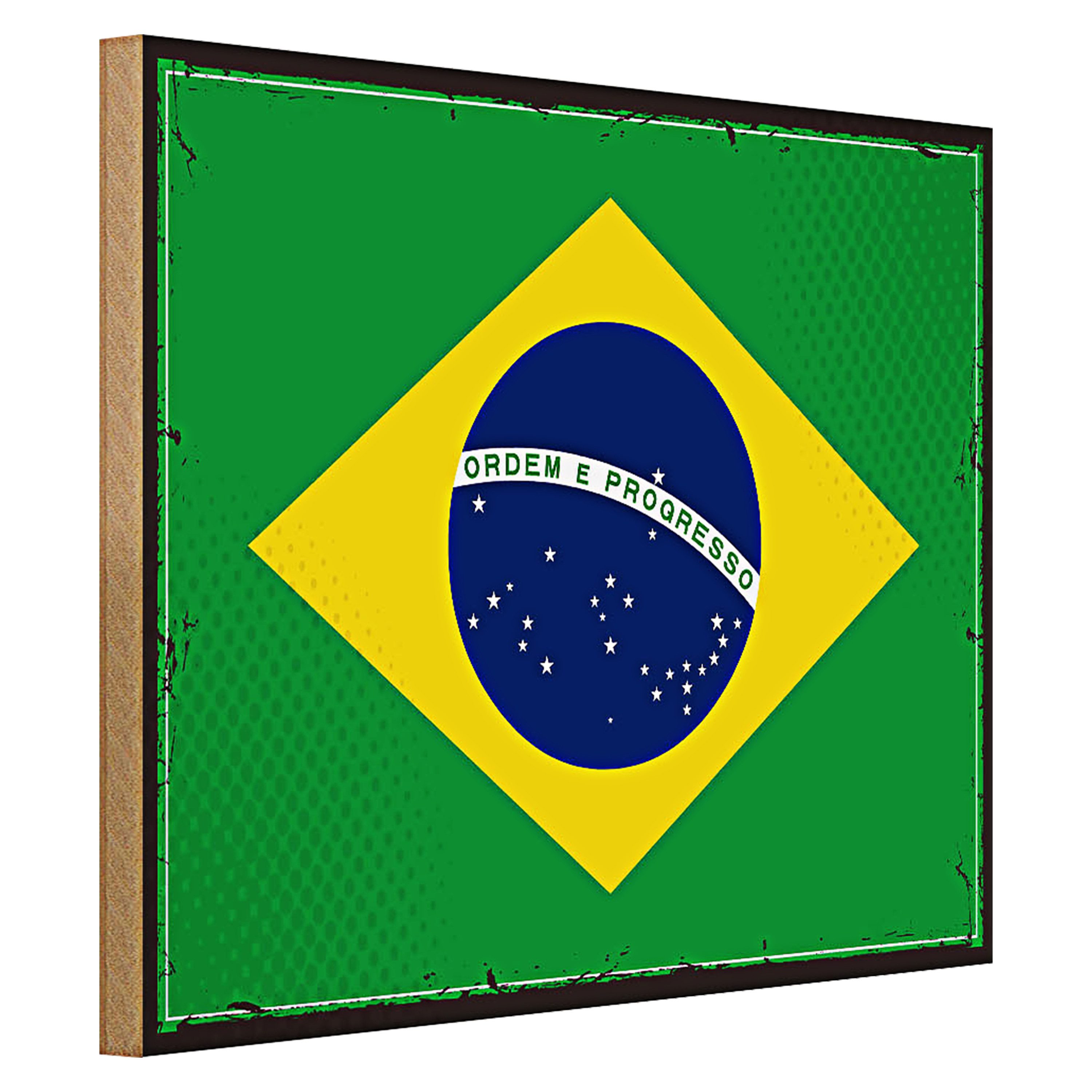 Roomando Holzbild Flagge Brasilien 40x30cm Retro Flag of Brazil