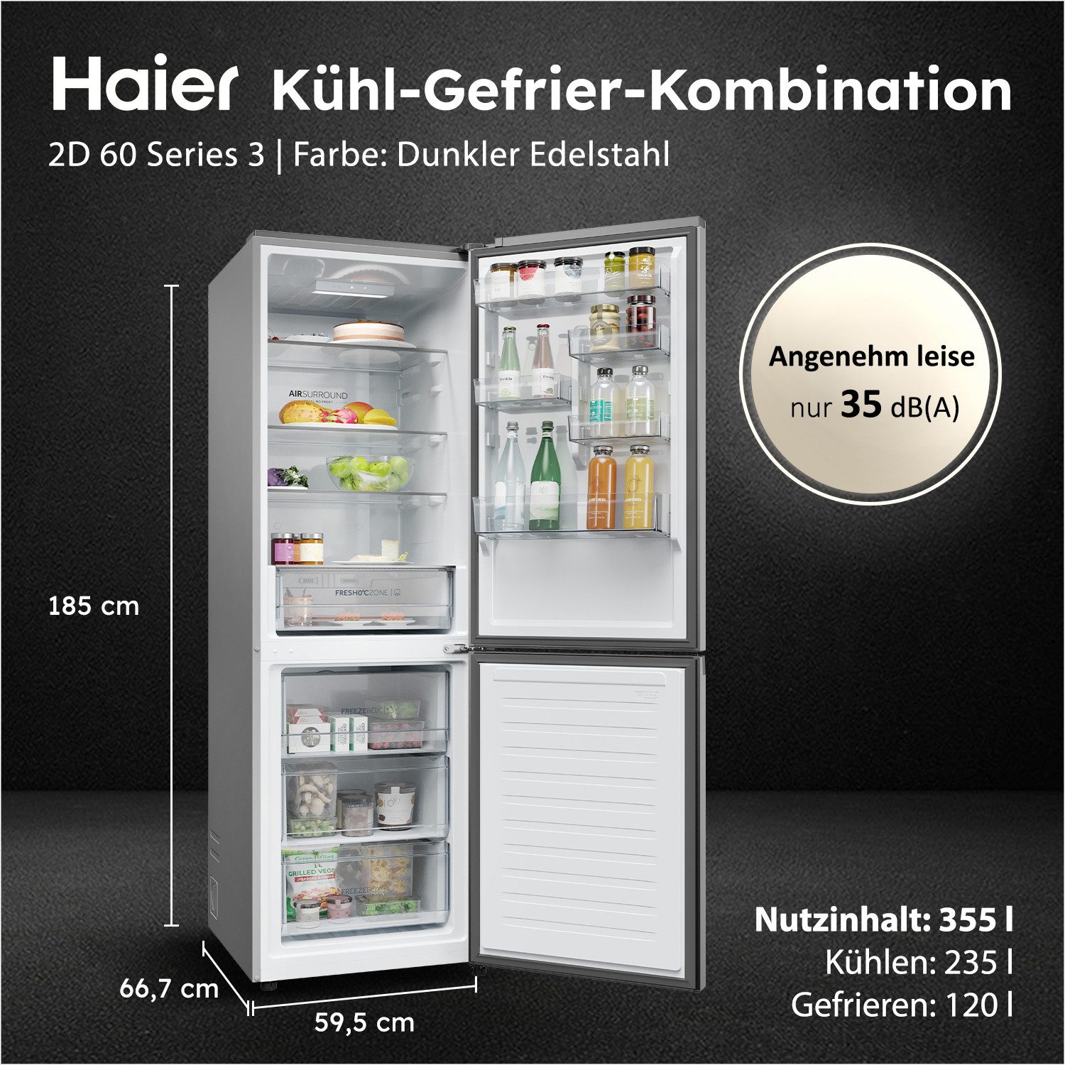 Haier Kühl-/Gefrierkombination Combi 2D 60 HDPR1618ANPD, 185 cm hoch, 59,5 cm breit, Energieeffizienzklasse A (Skala A bis G)