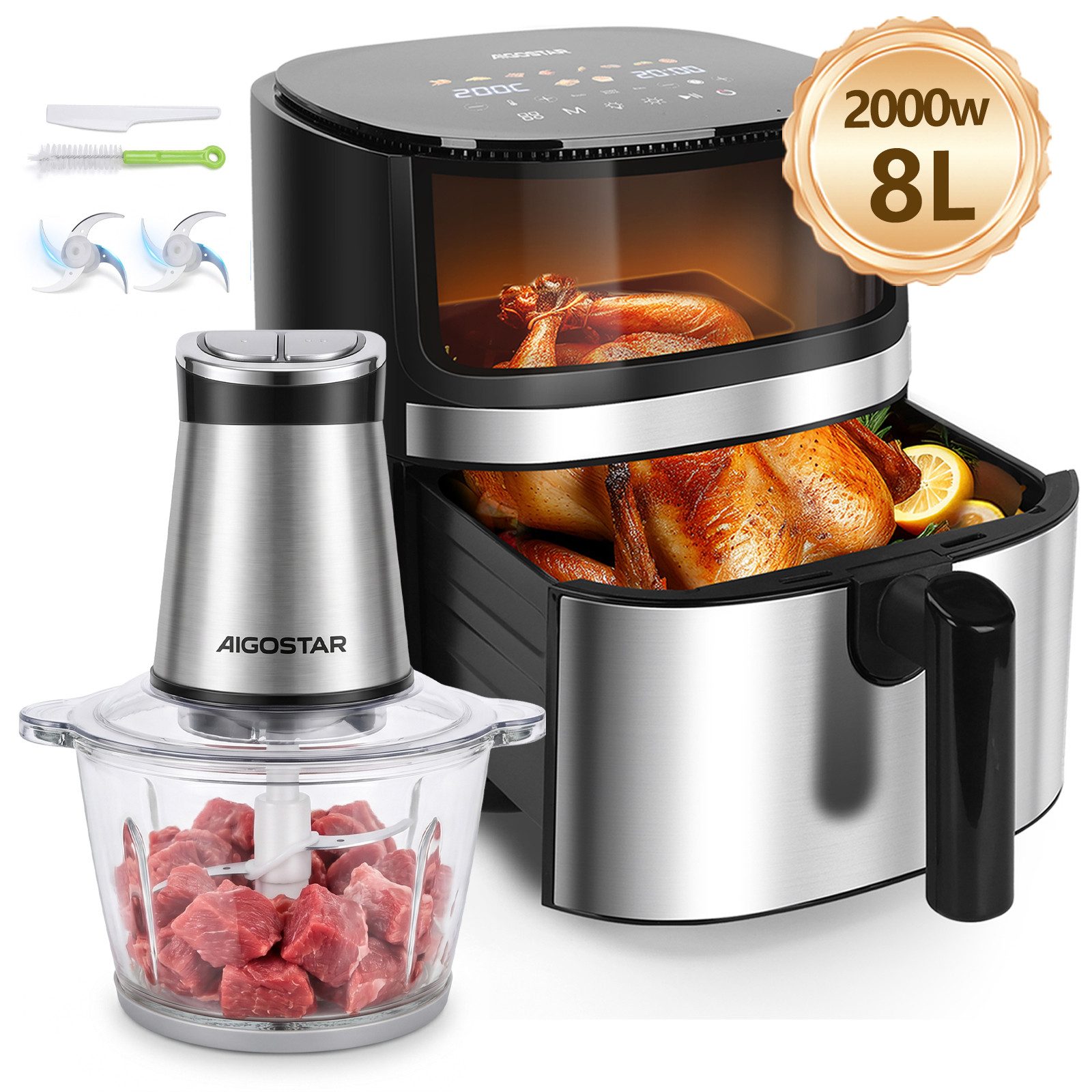 Aigostar Fleischwolf Zerkleinerer küche elektrisch, Multizerkleinerer für Fleisch, 500,00 W, 500W hohe Leistung, 2 Geschwindigkeiten, 4 Edelstahlklingen