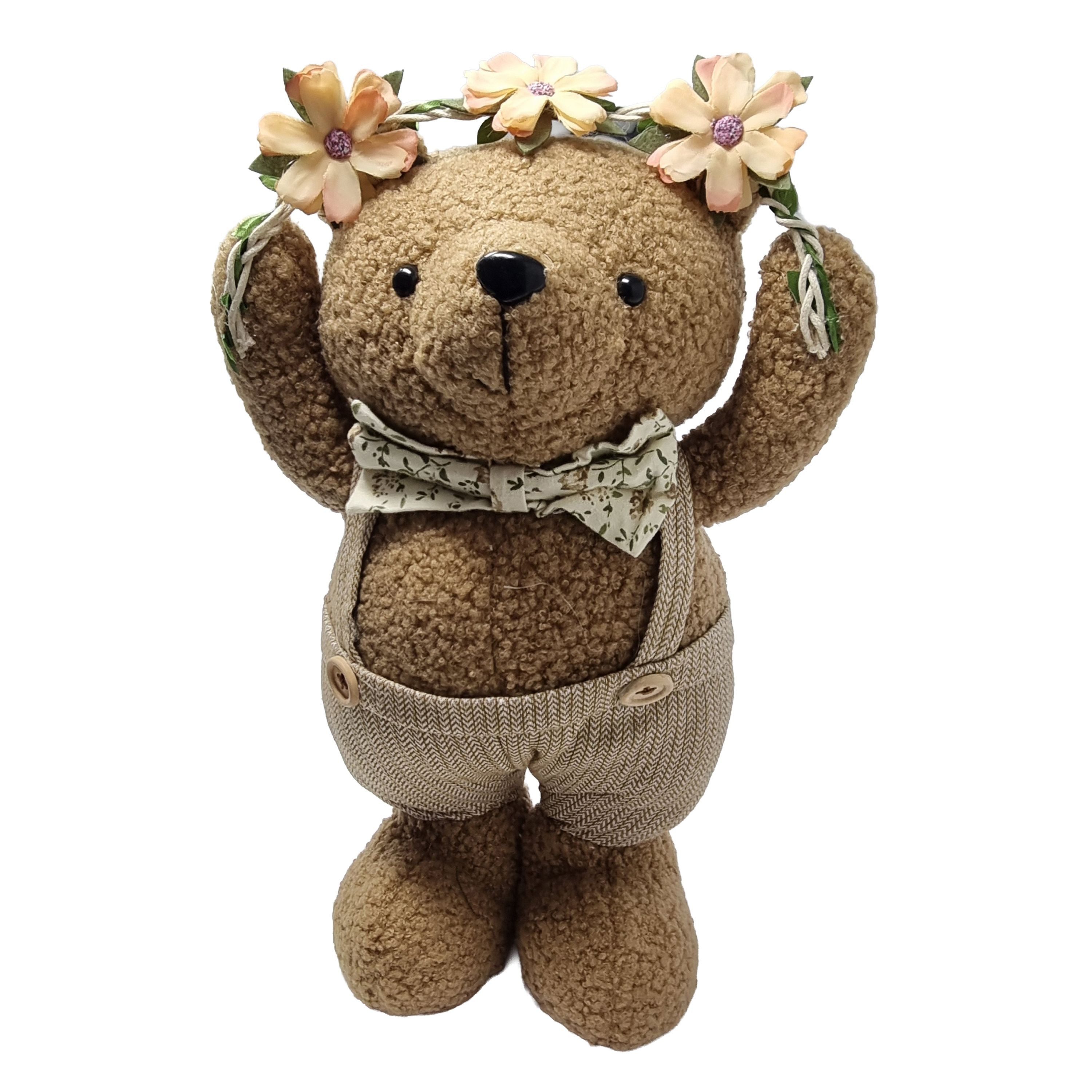 B&S Dekofigur Deko-Bär stehend 33cm mit Blütenkranz und Latzhose