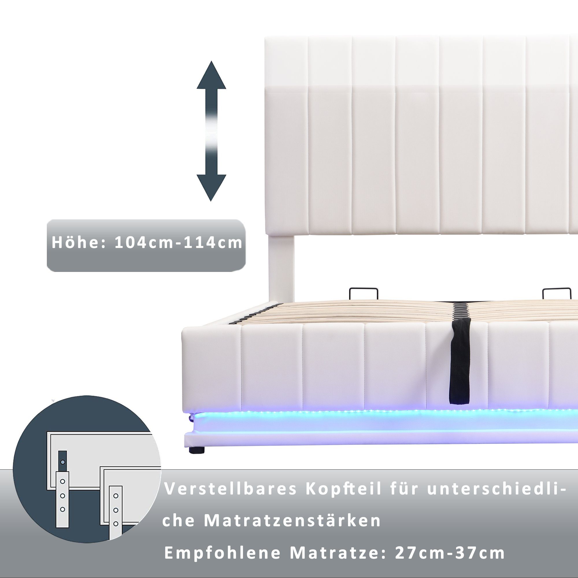 Boxspringbett (LED Hydraulisches Bett mit Bettkasten und Lattenrost), Polsterbett Stauraumbett 160x200 cm, Kunstleder