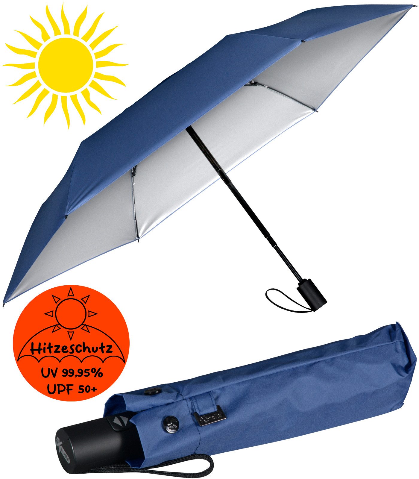 iX-brella Taschenregenschirm Sonnen-Regenschirm mit UPF 50+, UV-Hitze-Schutz, für Damen, mit Auf-Zu-Automatik, innen silber