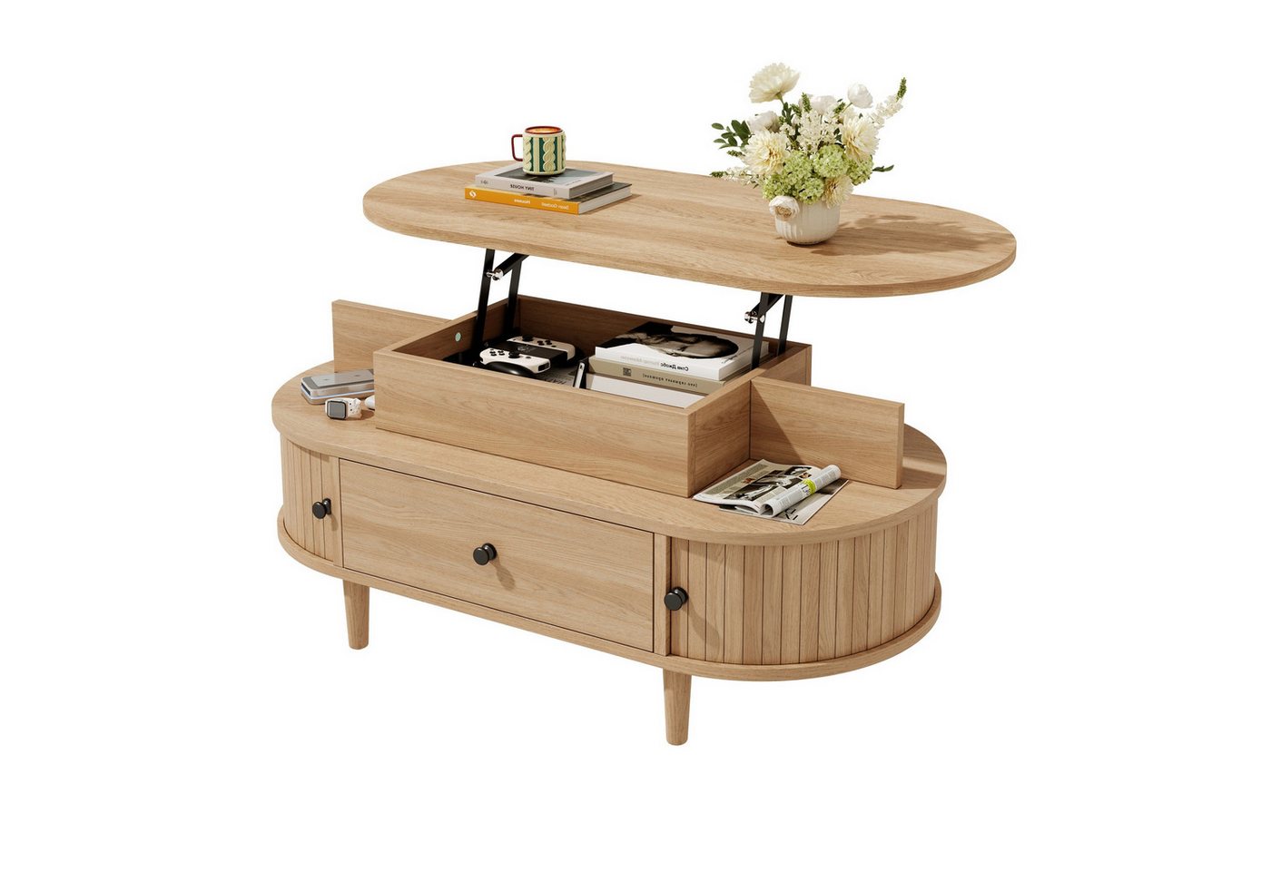 Merax Couchtisch mit hydraulischer Hubplatte, Oval Wohnzimmertisch im Holzoptik (105 L x 50 B x 60,5 H cm, 1-St., Beistelltisch), Sofatisch mit Stauraum, 2 offenen Ablagen, Schublade & 2 Schiebetüren