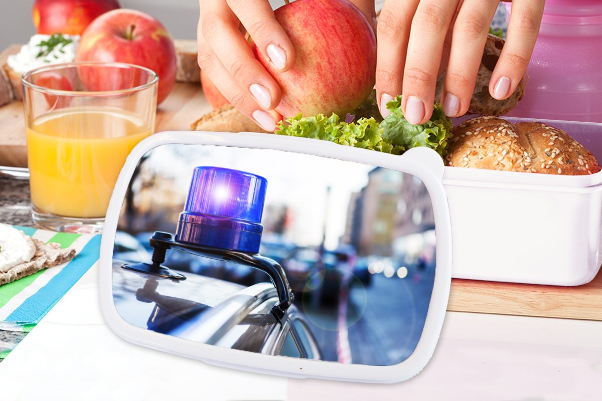 eines Auto, Jungs für und ziviles auf und Lunchbox Licht ein MuchoWow Erwachsene, weiß Mädchen Polizeiautos (2-tlg), Blinkendes für Kinder Brotbox Kunststoff, Brotdose,