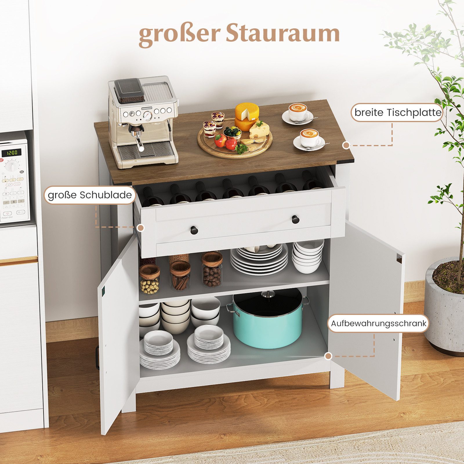 COSTWAY Küchenbuffet Sideboard Holz mit Schublade & verstellbarem Regal weiß