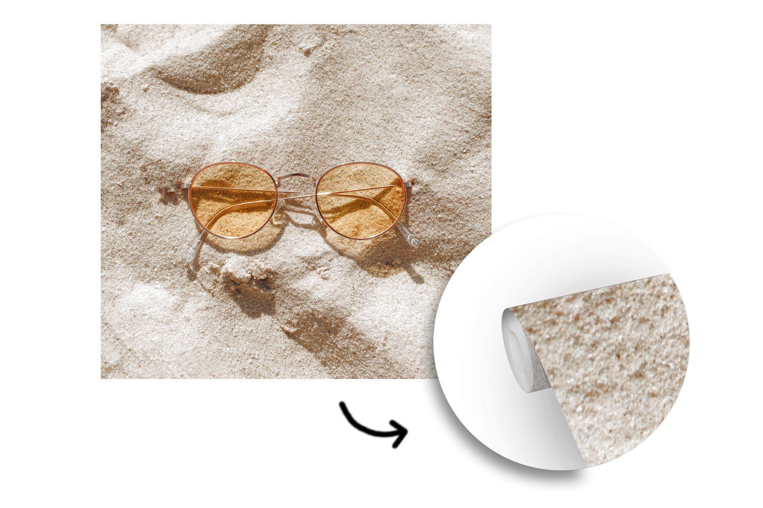 Sommer, Sand Vinyl MuchoWow bedruckt, (5 Matt, für - Wandtapete oder Schlafzimmer, Fototapete - St), Wohnzimmer Tapete Sonnenbrille