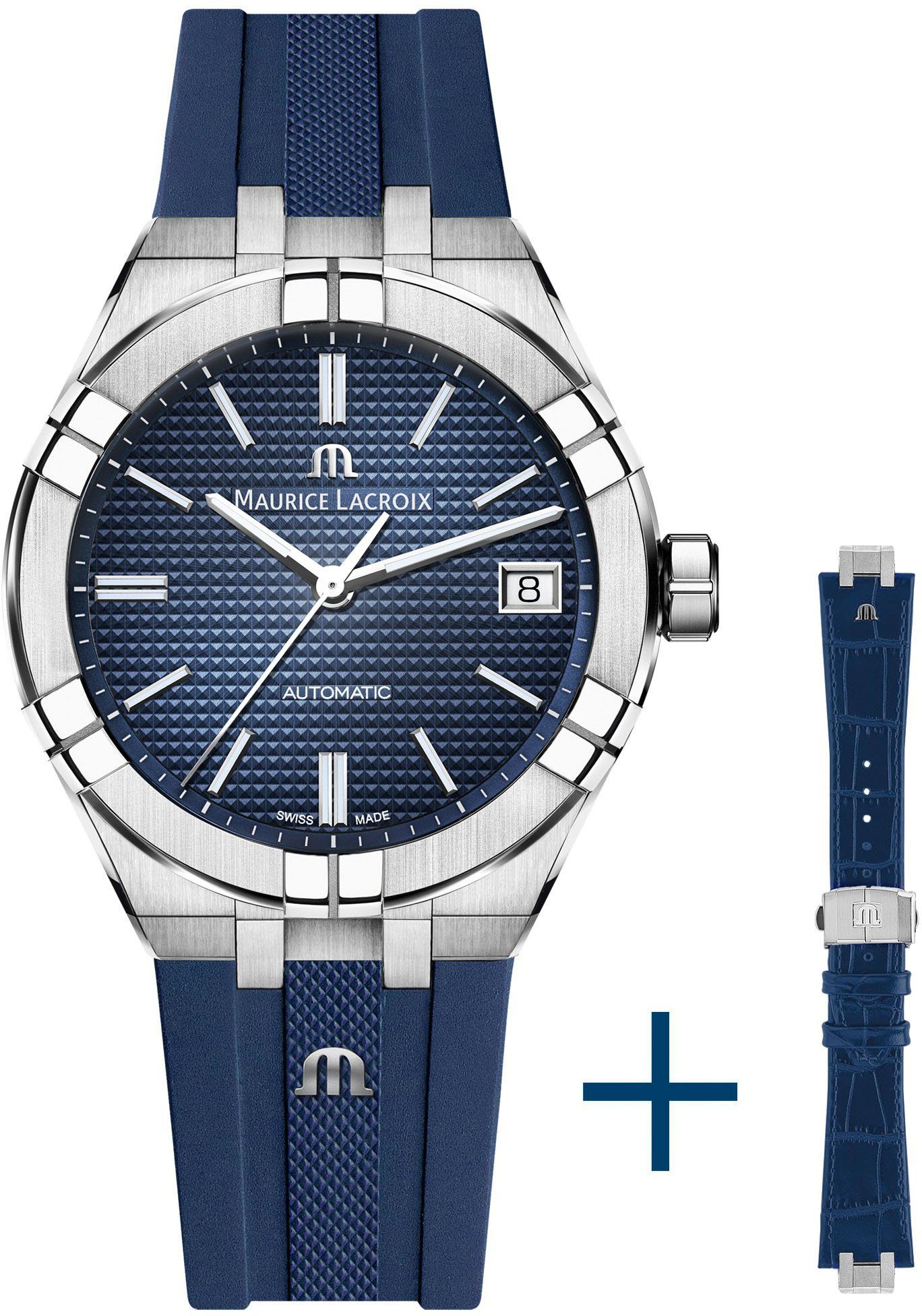 Herren Uhren MAURICE LACROIX Automatikuhr Aikon Automatik, AI6007-SS00B-430-4, (Set, 2-tlg., Uhr mit blauem Wechselarmband aus L