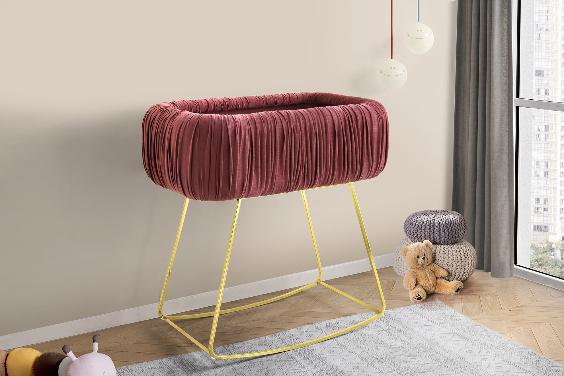 Jabari Babybett Sternenstaub, Kinderbett 60x100 cm Optional mit Matratze I Handmade Herstellung in Berlin, Germany I Designer Chesterfield Samt Gold Babywiege Stubenwagen