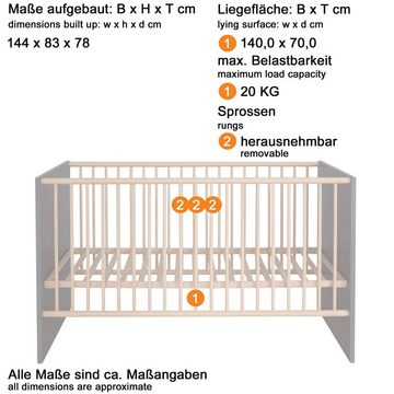 Newroom Babybett Noah, Babybett Grau Modern Skandi Kinderbett Gitterbett Kinderzimmer