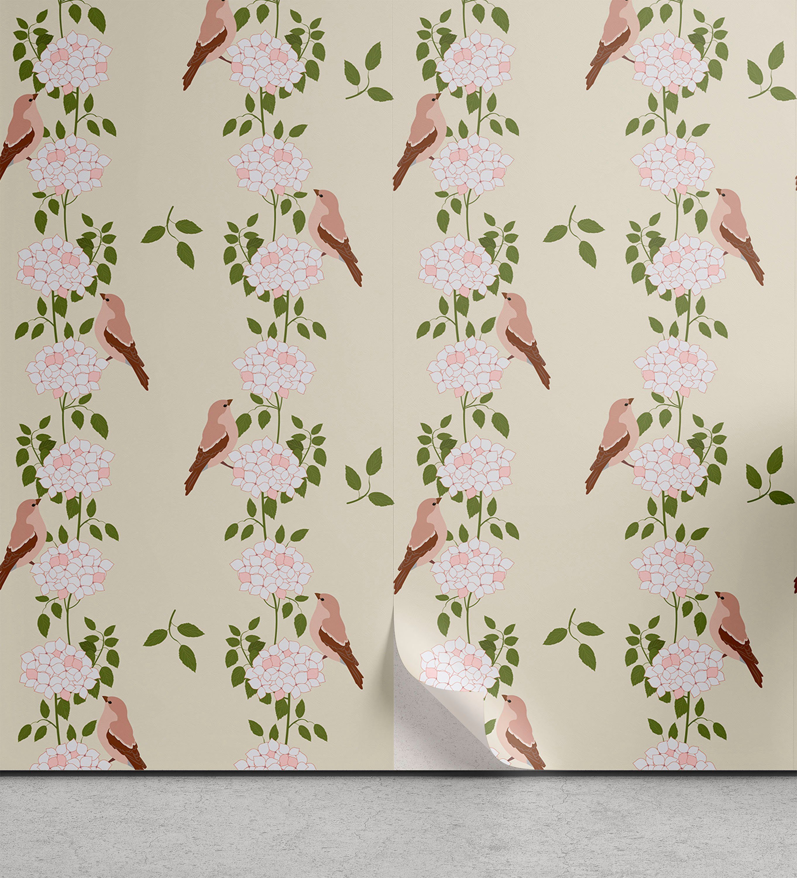 und Abakuhaus selbstklebendes Botanisch Küchenakzent, Vinyltapete Vogel-Streifen Hortensia Wohnzimmer