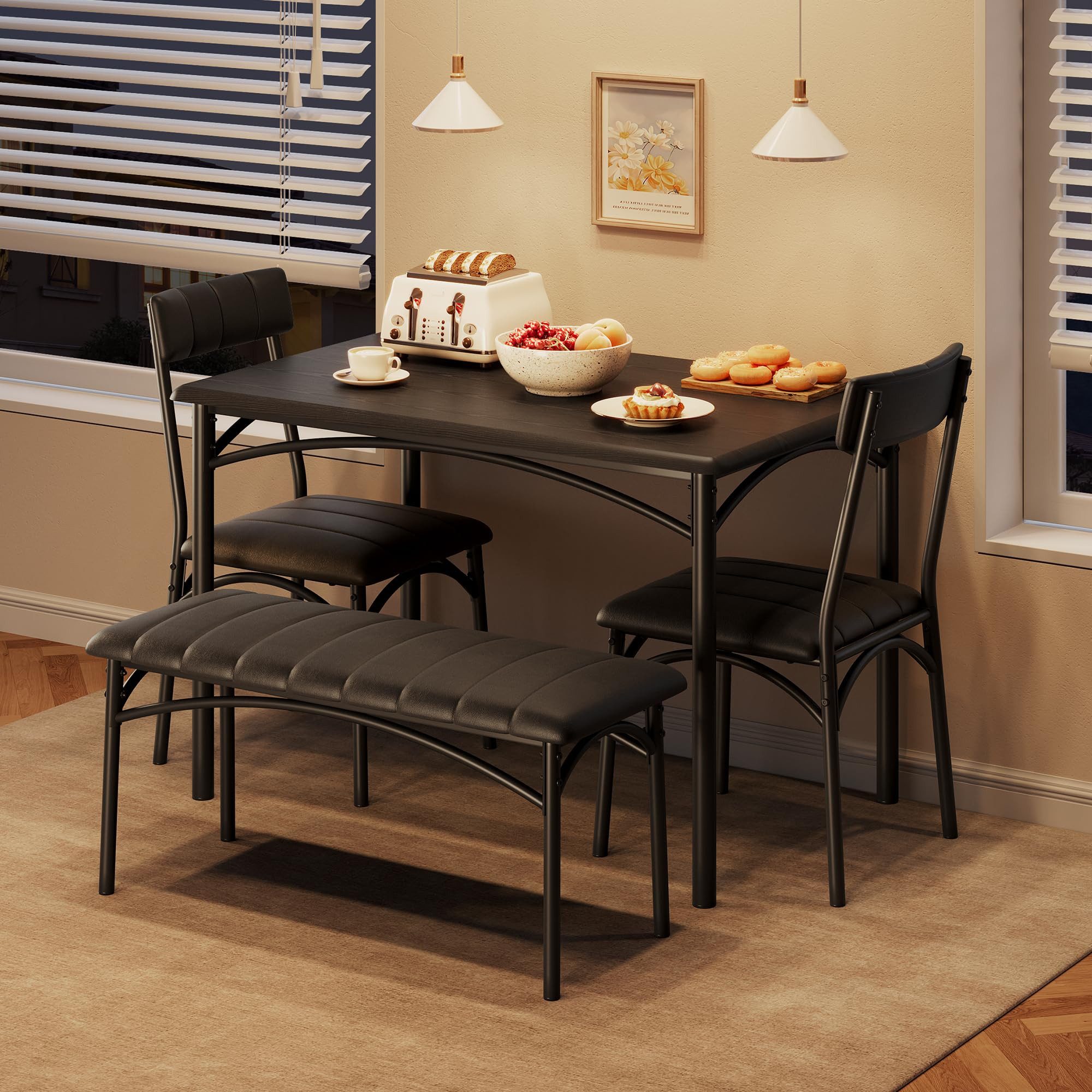 GarveeMore Essgruppe Essgruppe für 4 Personen Esstisch, gepolsterter Bank und 2 Stühlen, Tisch: 70 x 110 x 76 cm Stuhl: 48 x 43 x 86 cm Bank: 30 x 90 x 47.5 cm