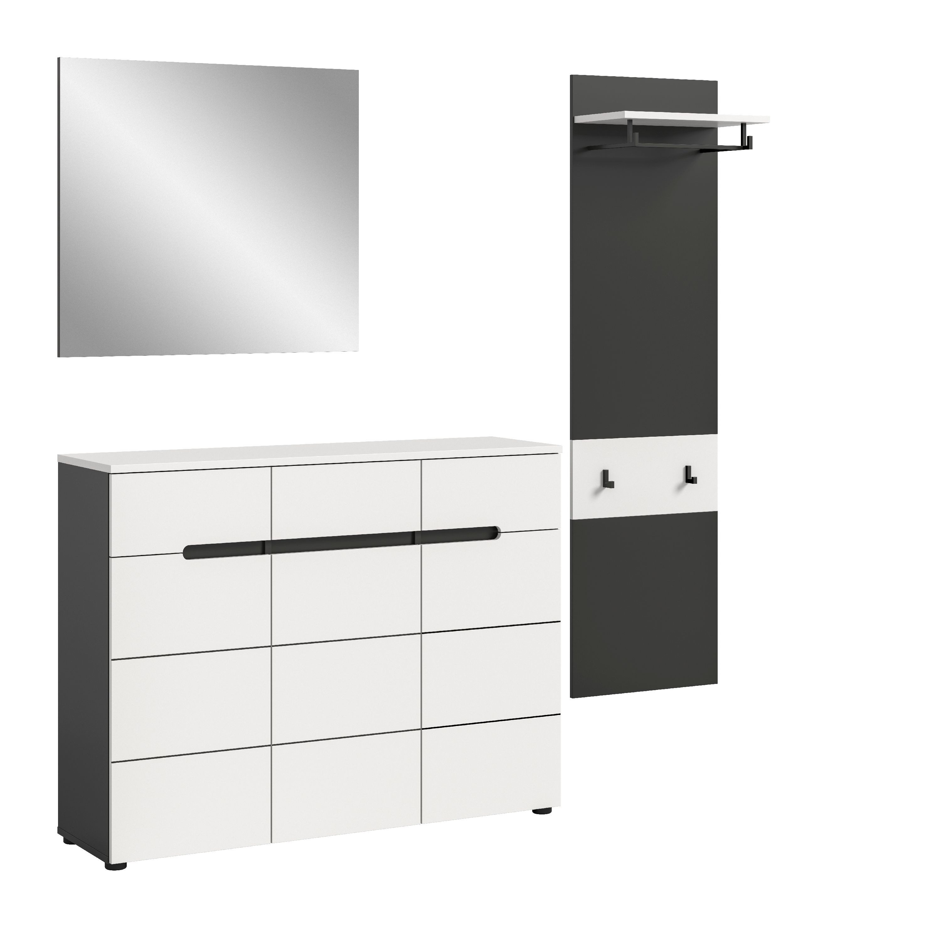 xonox.home Garderoben-Set, (3tlg. Set inkl. Paneel, Schuhkommode, Spiegel), Basalt grau Nachbildung Melamin beschichtet modern 180x190x37 cm