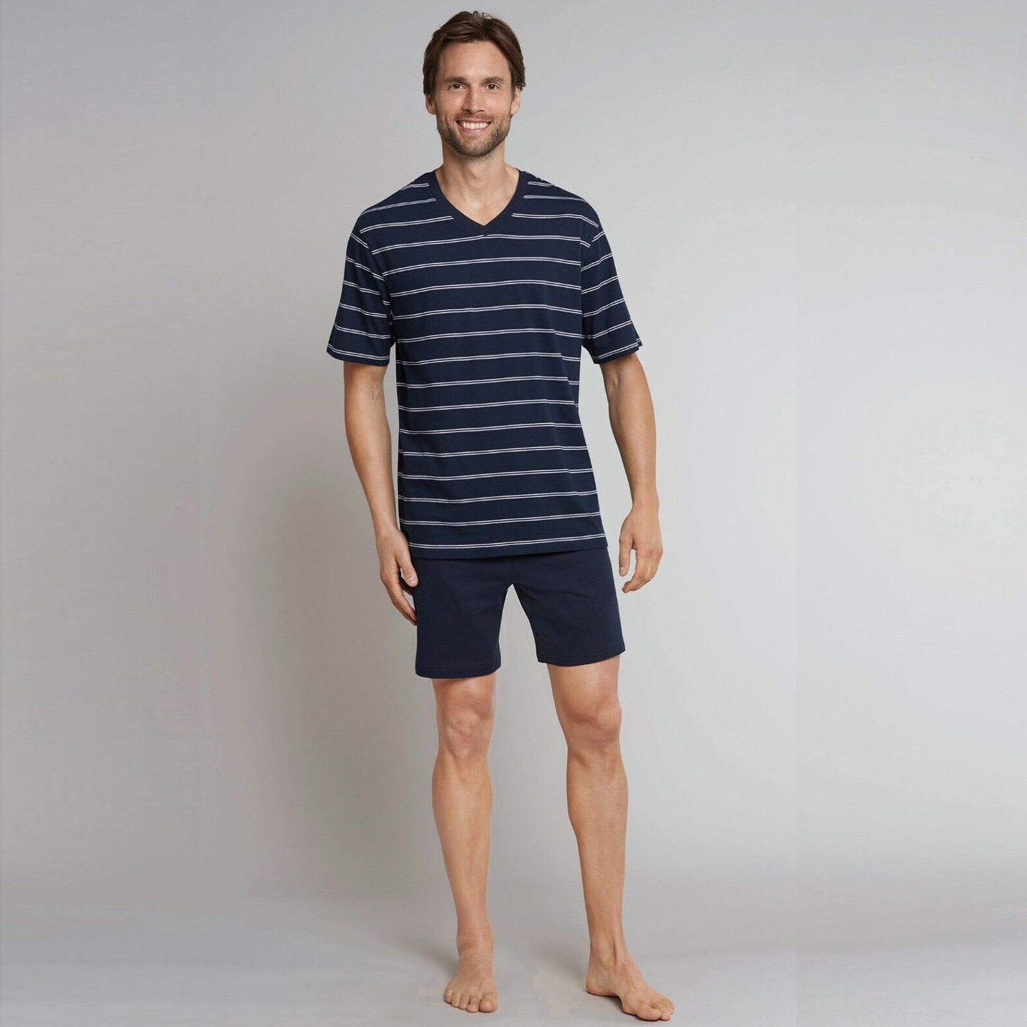 Pyjama Schlafanzug Schiesser Herren kurz 159621-803 Blau V- Ausschnitt 50