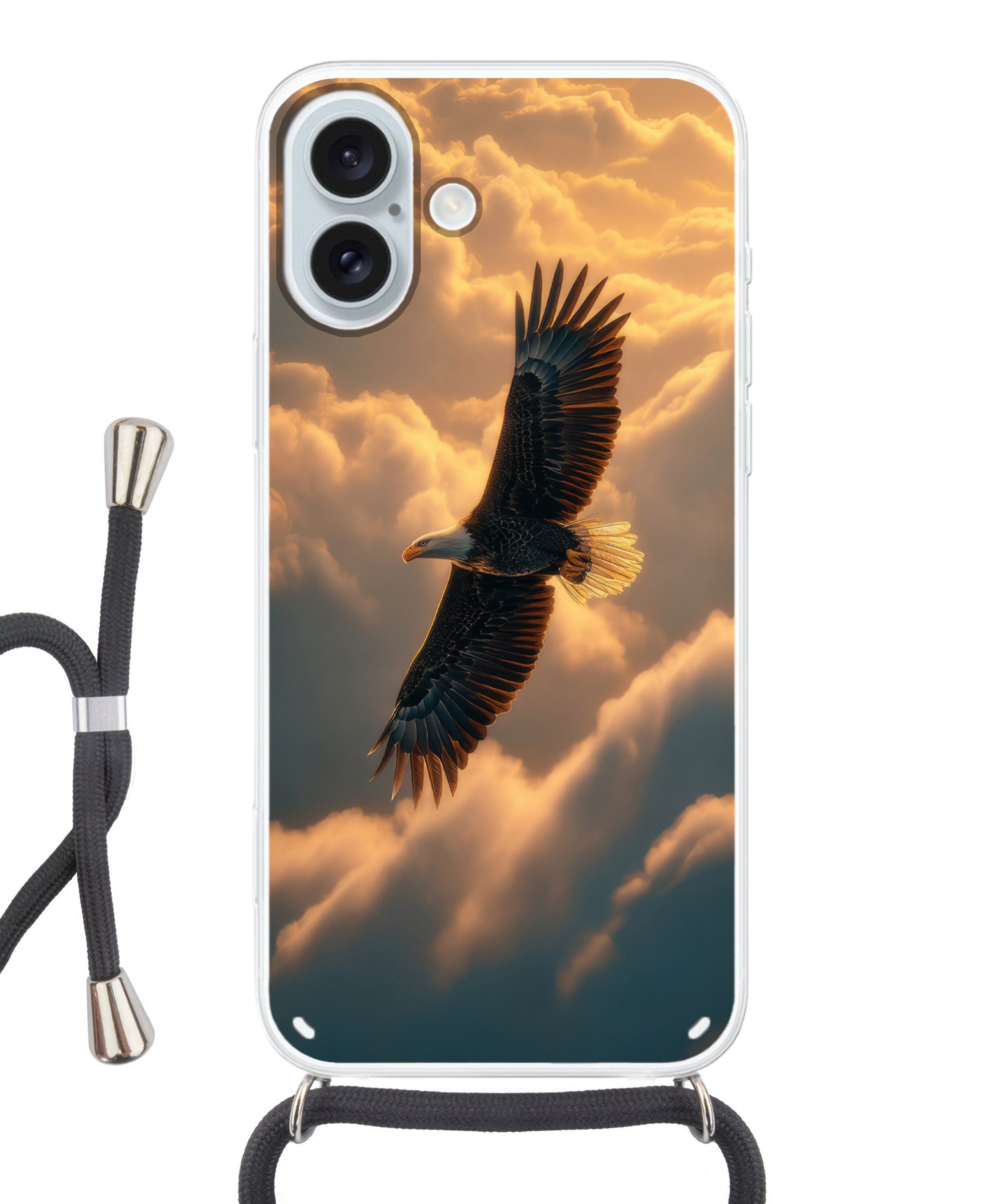 MuchoWow Handyhülle für Apple iPhone 16 Plus Adler - Wolken - Sonne, Tragbare Handyhüllen mit Kette zum umhängen, Handykette Handyband