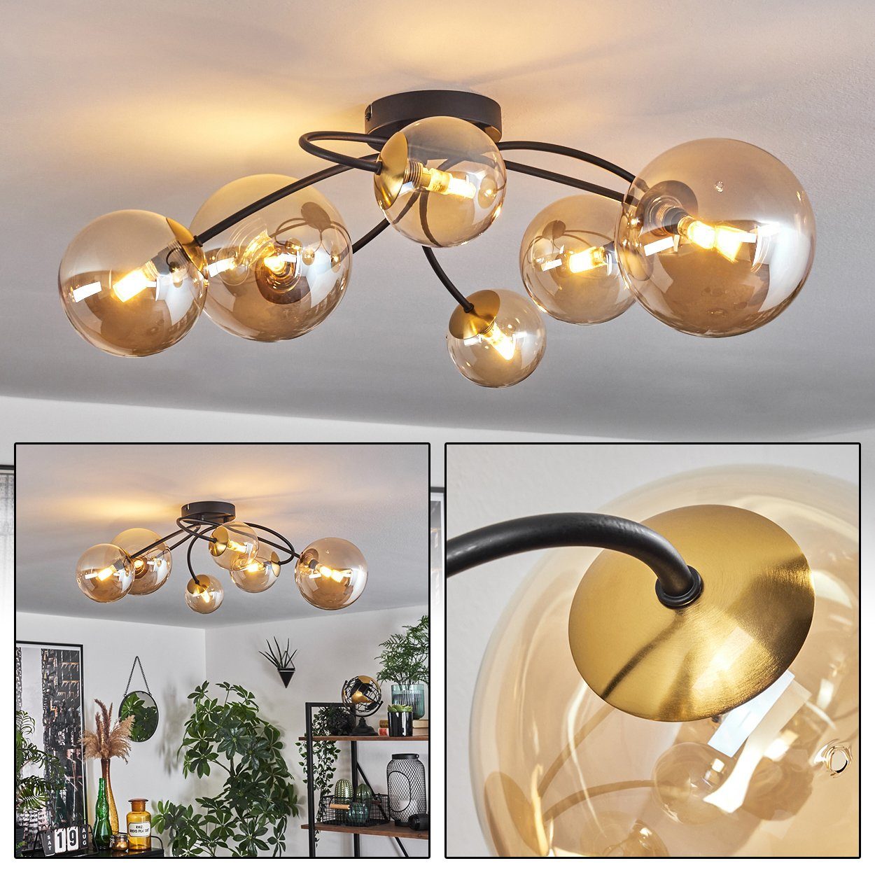 hofstein Deckenleuchte Deckenlampe aus Metall/Glas in Schwarz/Goldfarben/Bernsteinfarben, ohne Leuchtmittel, Leuchte im Retro-Design aus Glas, 6 x G9 LED, ohne Leuchtmittel