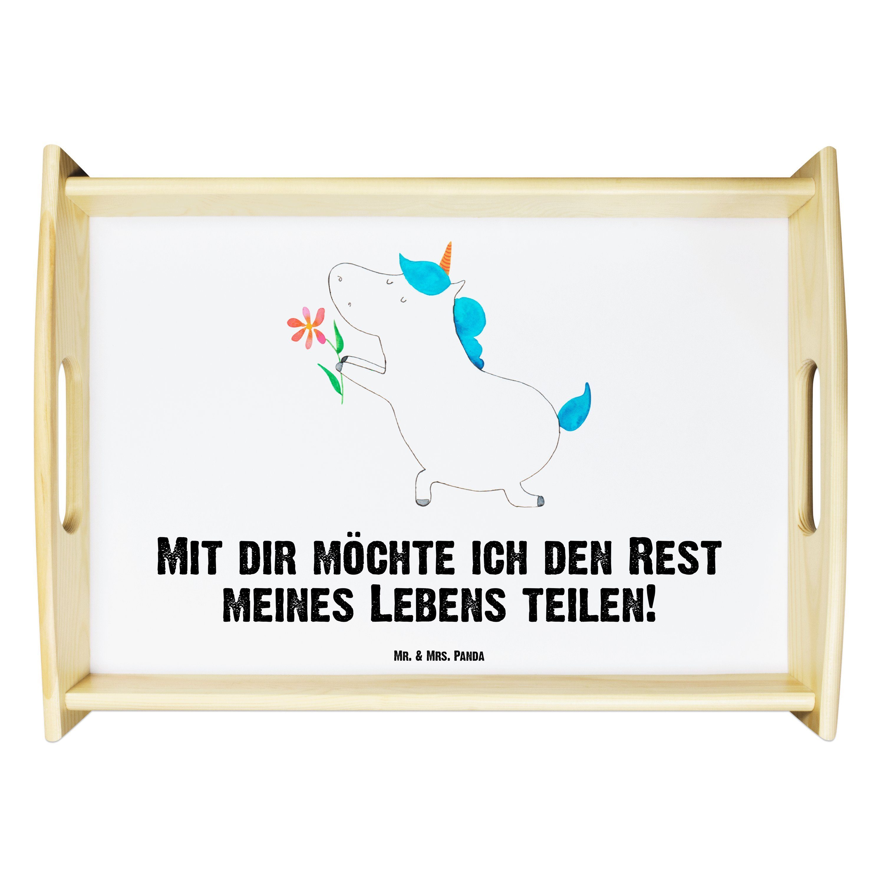 Mr. & Mrs. Panda Tablett Einhorn Blume - Weiß - Geschenk, Küchentablett, Einhörner, Dekotablet, Echtholz lasiert, (1-tlg)
