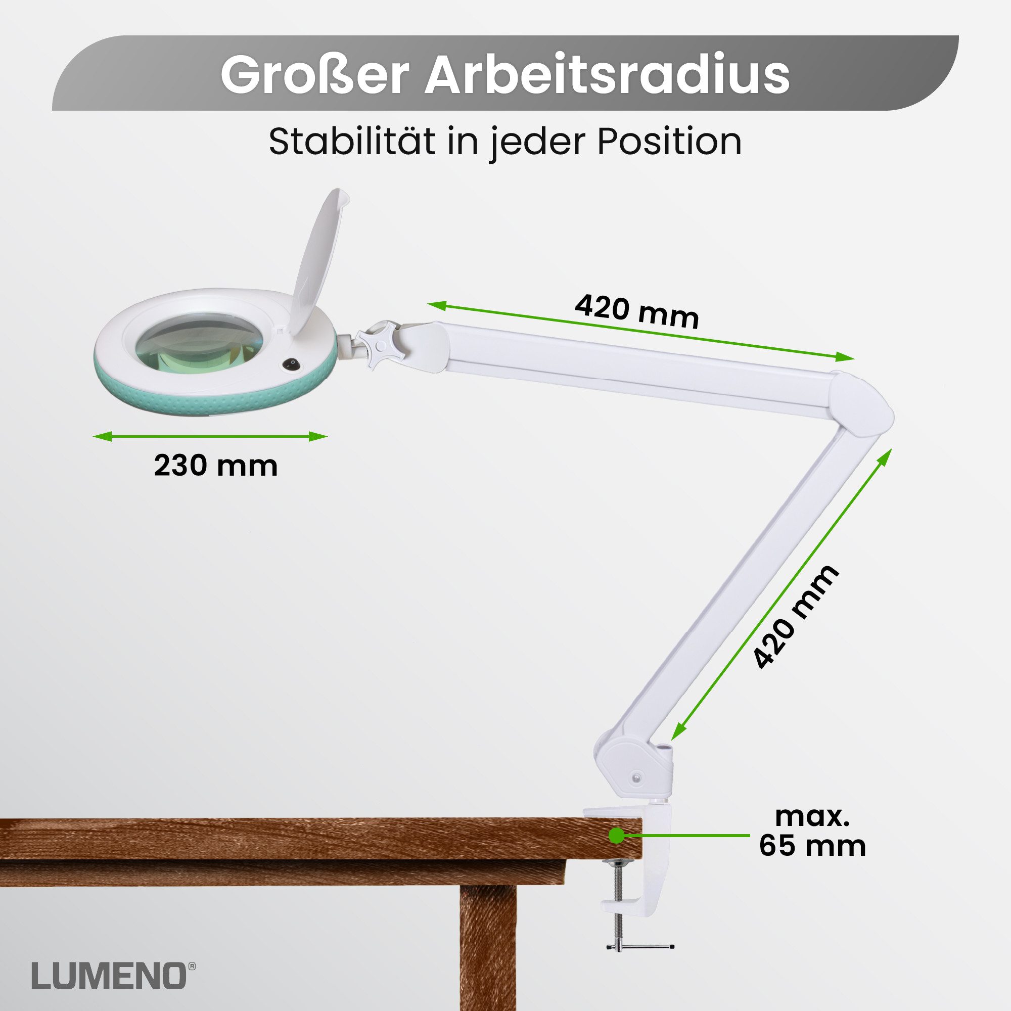 Lumeno Lupenlampe 721X LED Lupenleuchte CRI>90 mit Tischklemme und 127 mm Echtglaslinse, LED fest integriert, Kaltweiß, 6500 K, LED Leuchte