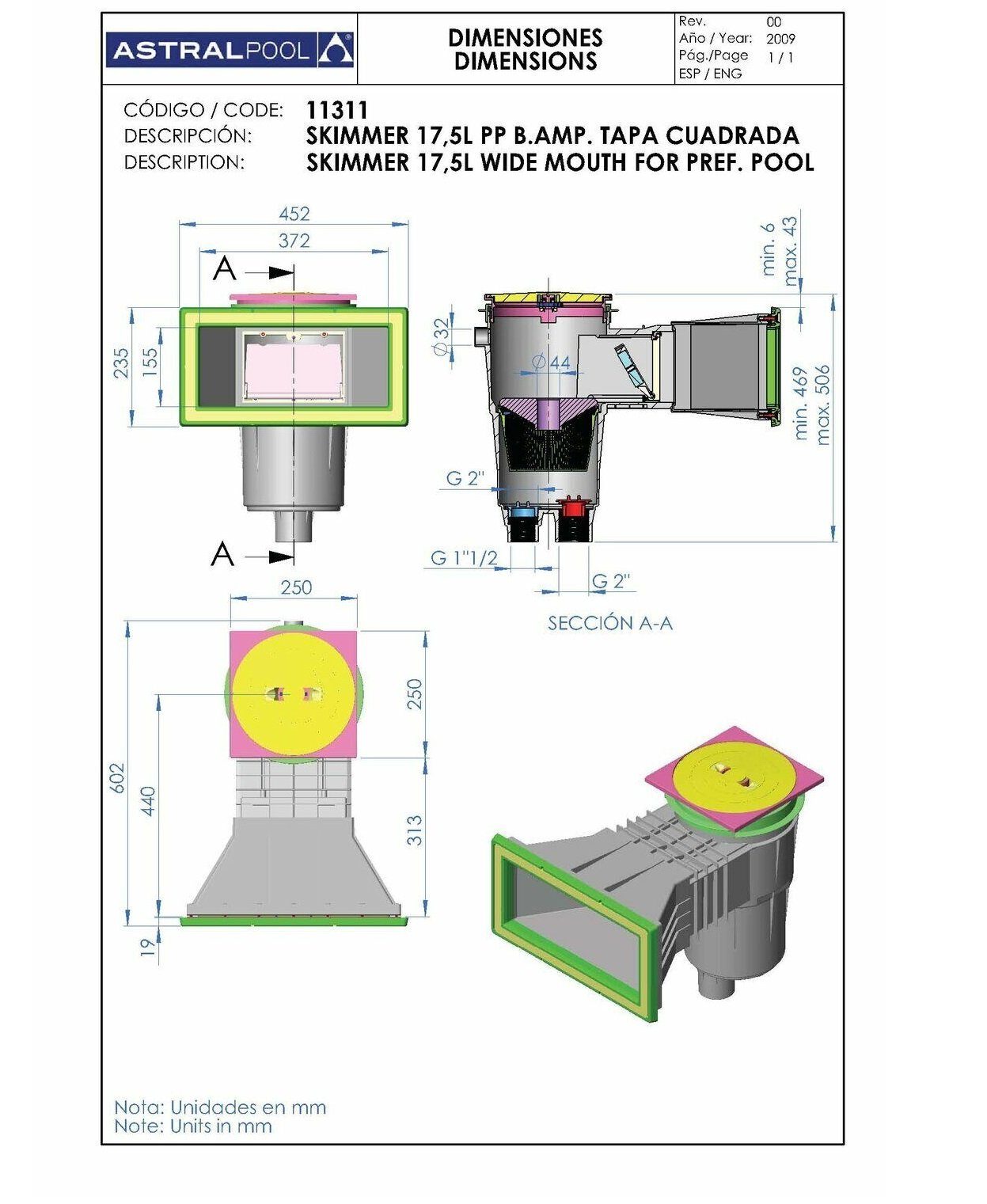 Astralpool Skimmer Astral Pool Oberflächenabsauger 17,5 Liter Breitmaulskimmer 435mm